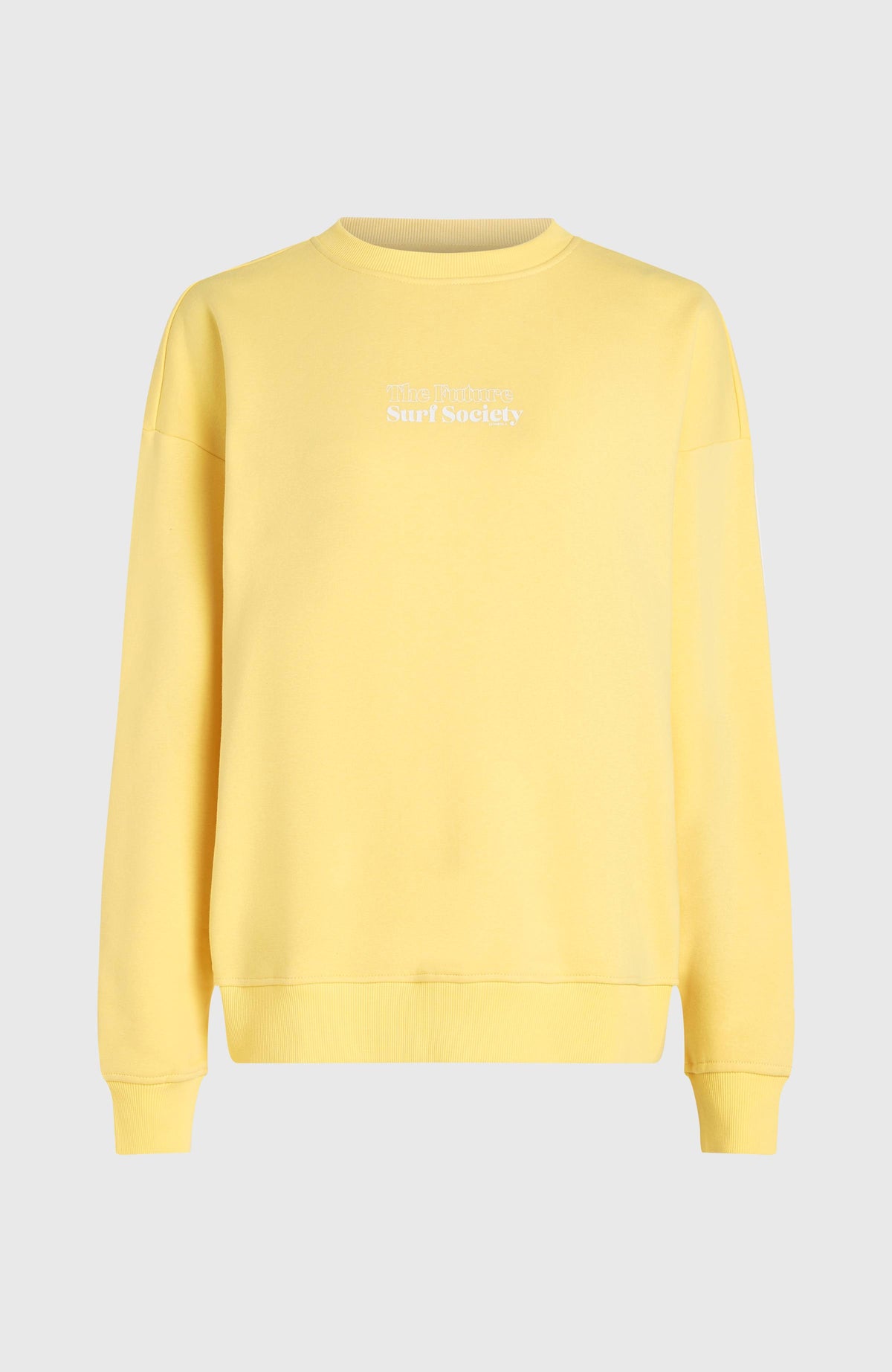 Future Surf Crew Sweatshirt für Damen, gelb mit Logo-Print in Weiß, freigestellt von vorne