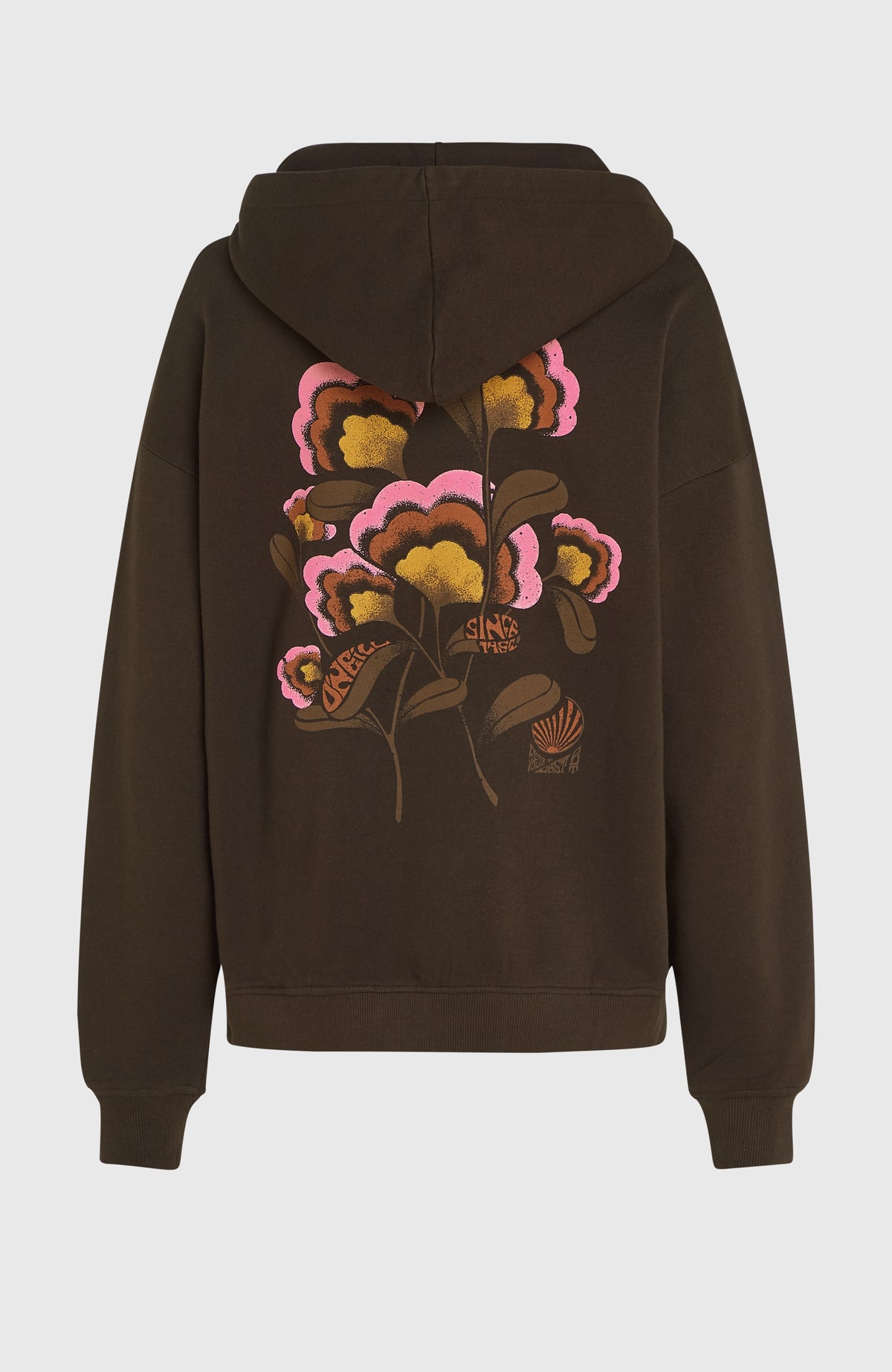 O'Riginals Oversized Hoodie für Damen, braun mit Blumen-Print in Pink und Gelb, freigestellt von hinten