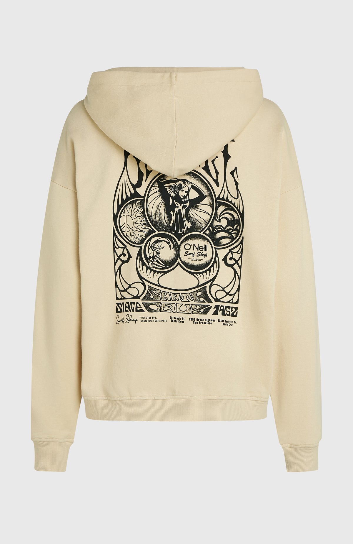 O'Riginals Oversized Hoodie für Damen, beige mit Grafik-Print in Schwarz, freigestellt von hinten