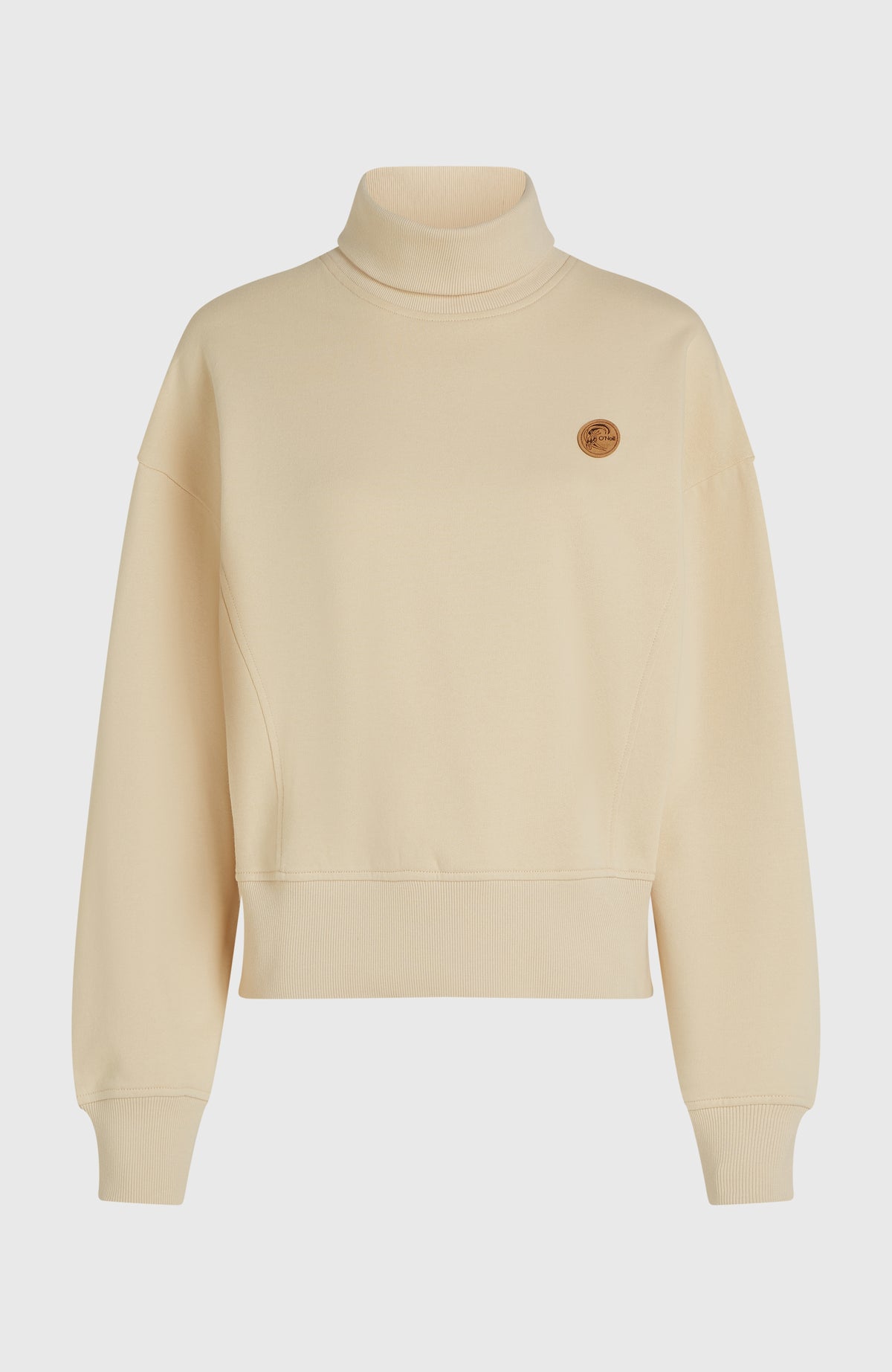 O'Riginals Crew Sweatshirt für Damen, beige, freigestellt von vorne mit Stehkragen und geripptem Saum