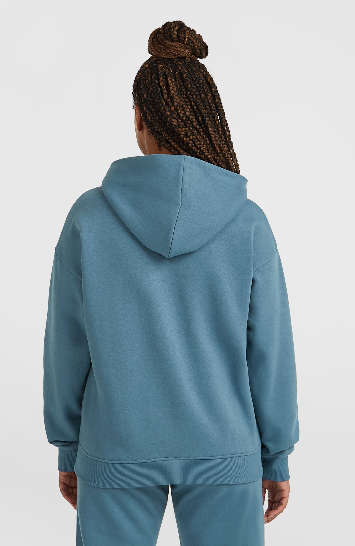 Future Surf Society Hoodie für Damen, blau, Rückansicht am Model mit Kapuze und Rippsaum