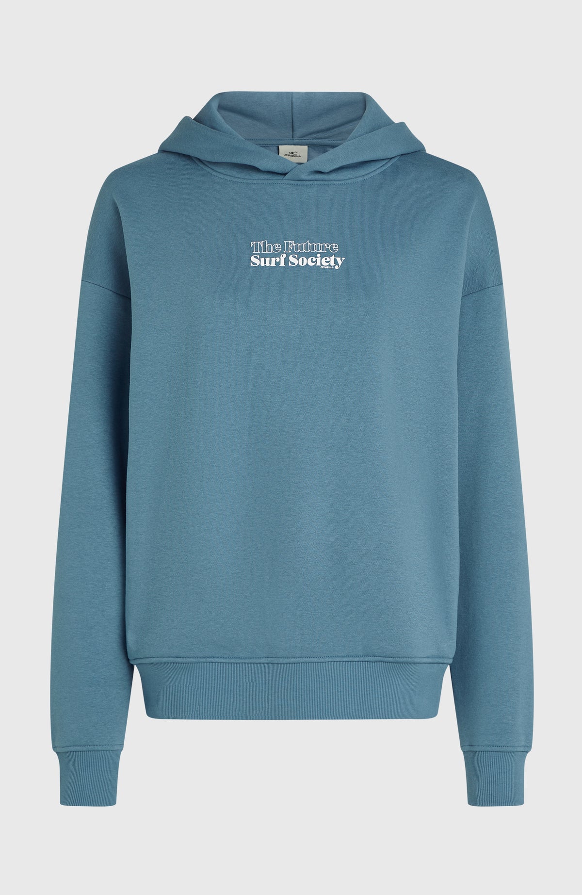 Blauer Future Surf Society Hoodie für Damen mit Logo-Print in Weiß, freigestellt von vorne