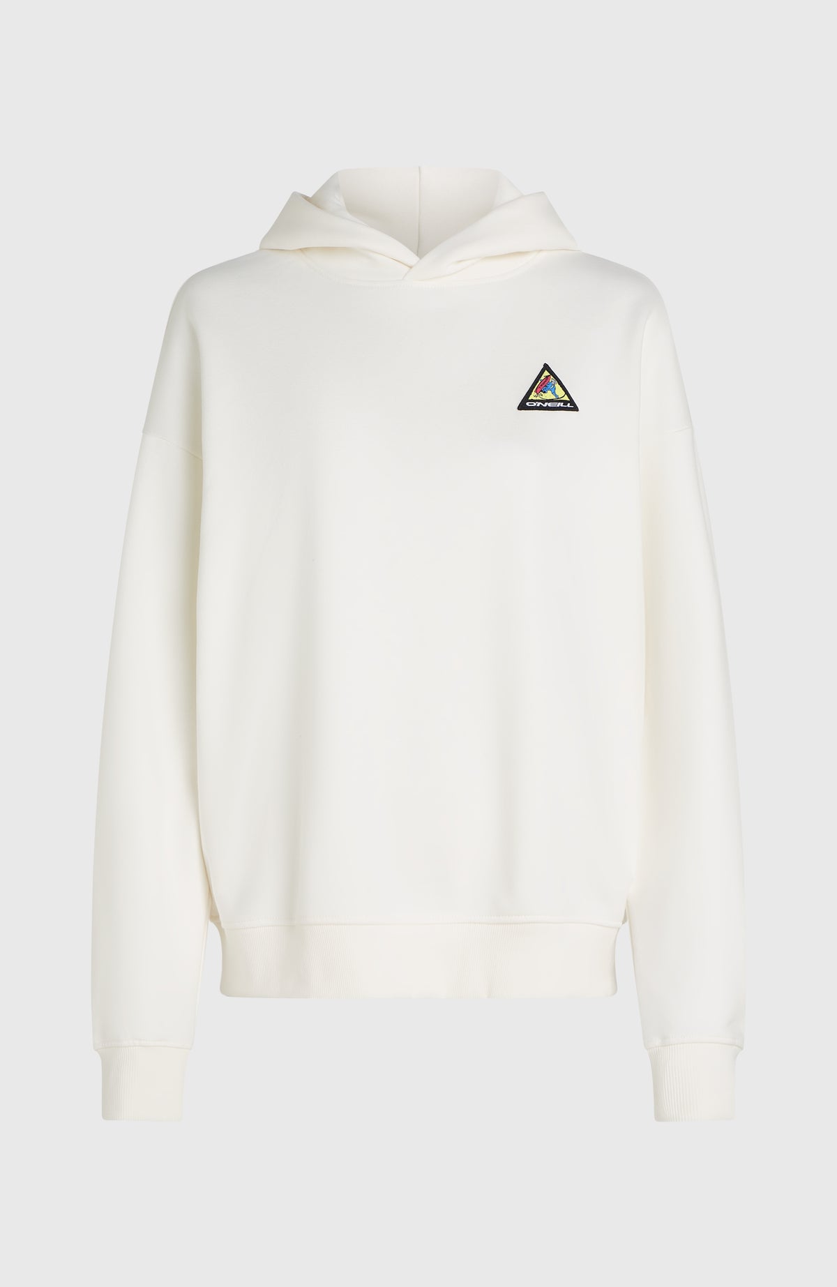 FWC'Play Hoodie für Damen, weiß mit Logo-Print in Blau und Pink, freigestellt von vorne mit Kapuze und Logo-Patch