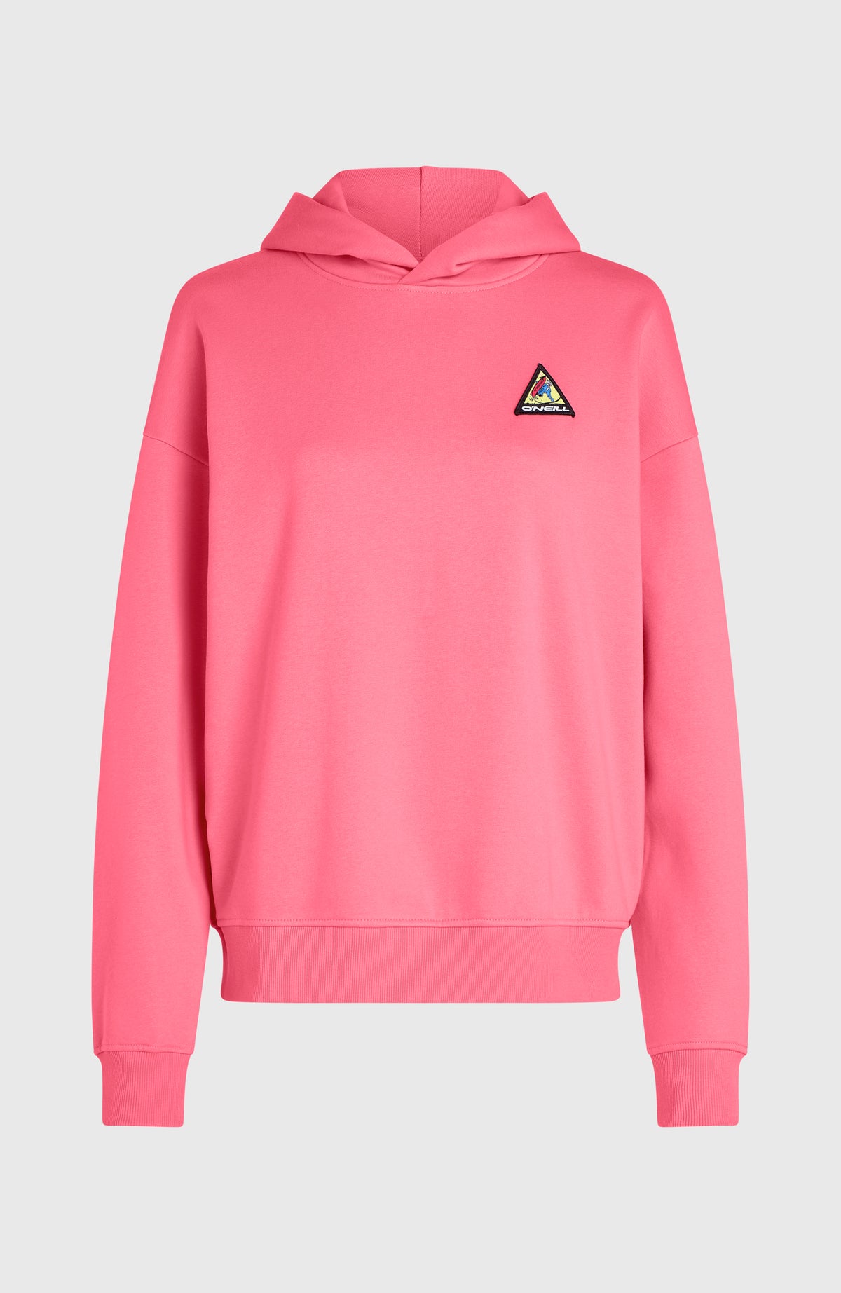 Pinker FWC'Play Hoodie für Damen, freigestellt von vorne mit Kapuze und elastischen Rippbündchen