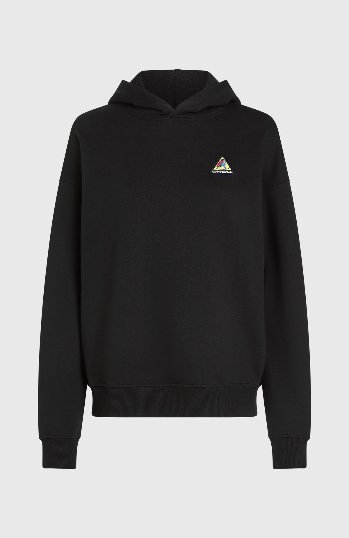 FWC'Play Hoodie für Damen, schwarz, freigestellt von vorne mit Rippbündchen an Saum und Ärmeln