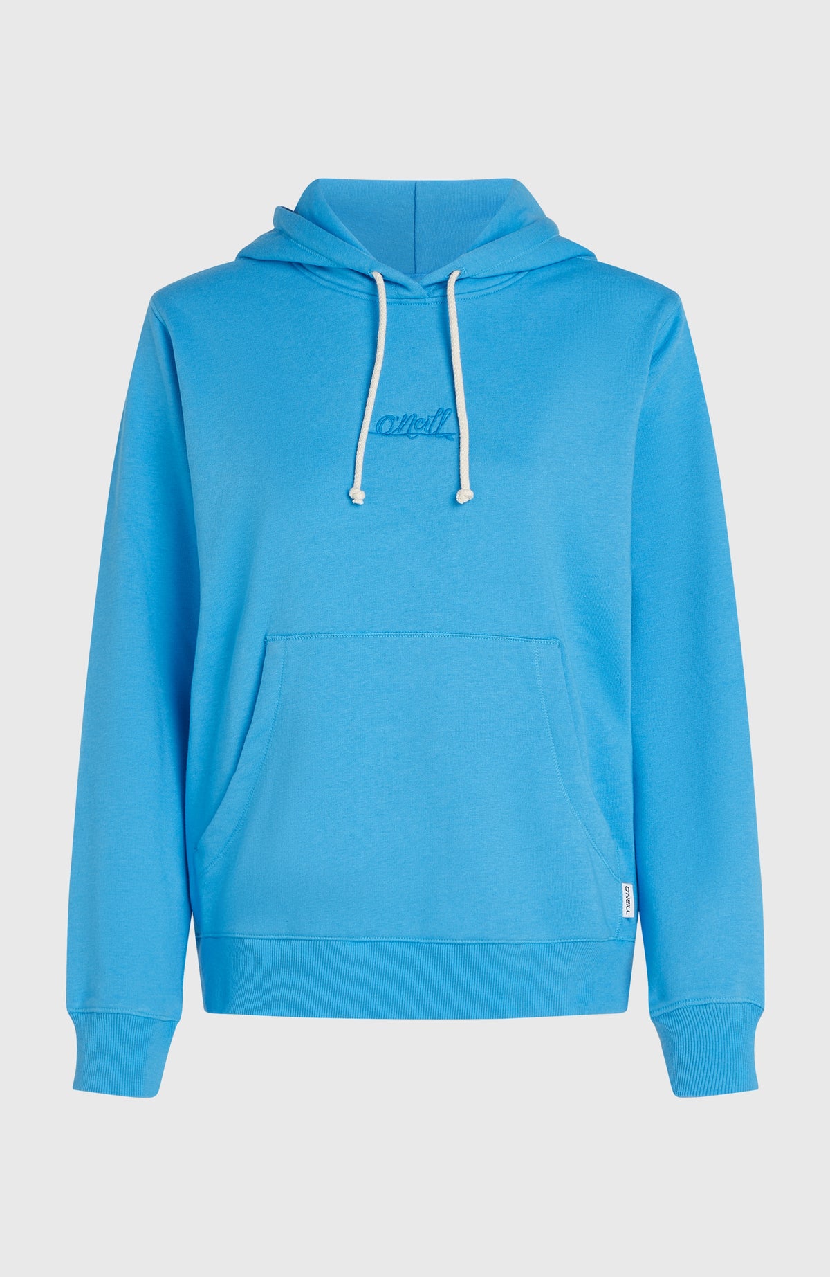 Essentials Script Hoodie für Damen, blau, freigestellt von vorne mit Kängurutasche