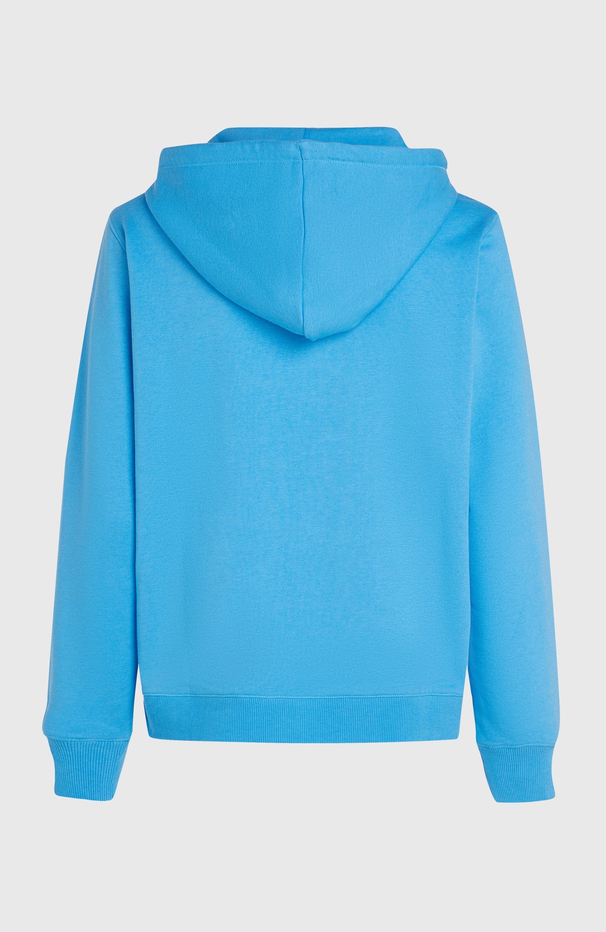 Essentials Script Hoodie für Damen, blau, freigestellt von hinten mit Kapuze und Rippbündchen