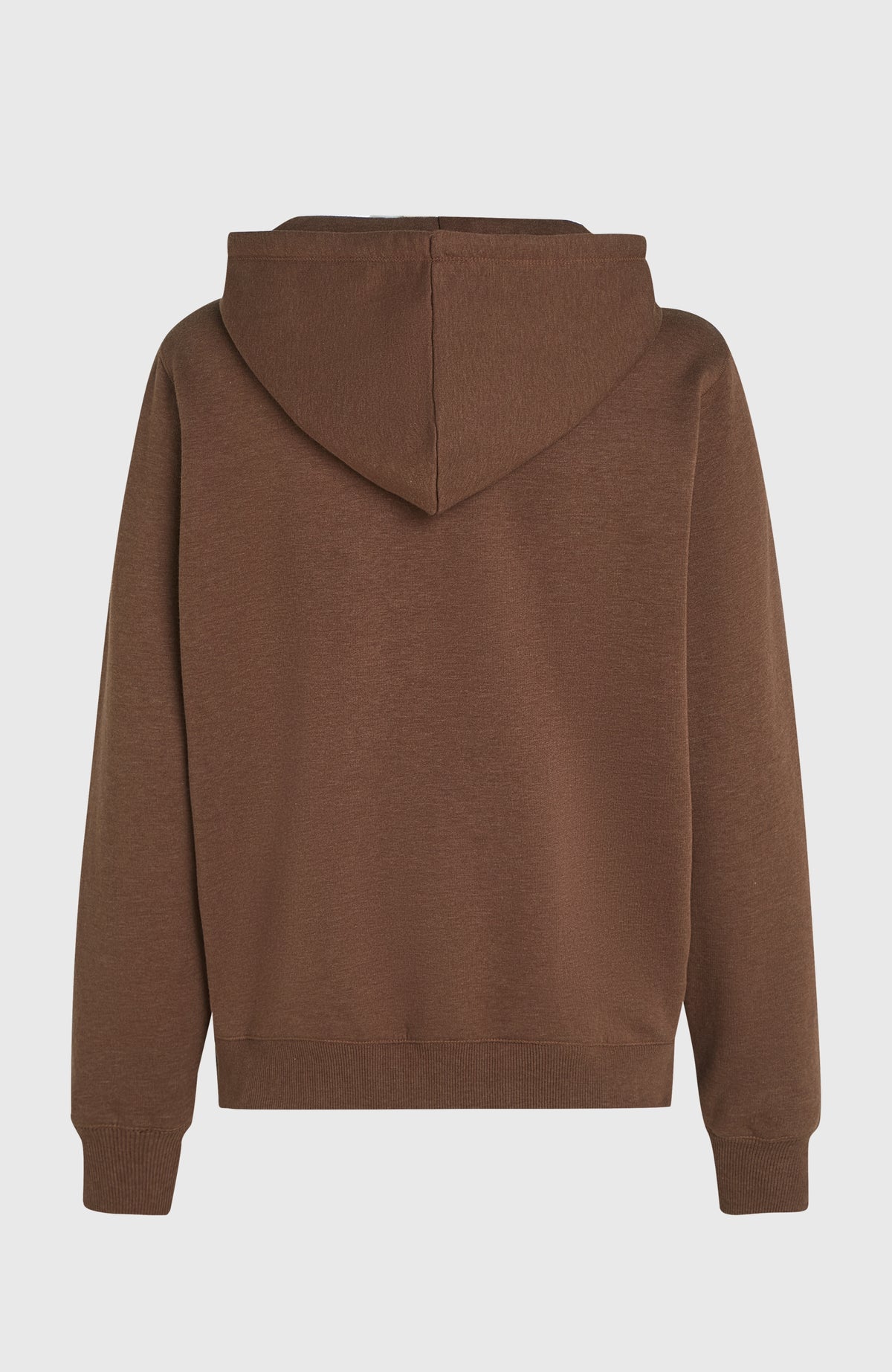 Essentials Script Hoodie für Damen in Braun, freigestellt von hinten mit Kapuze und Rippbündchen