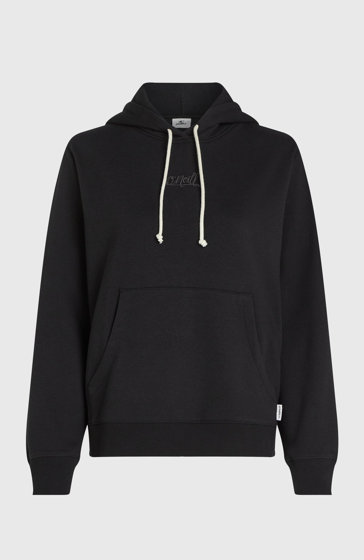 Essentials Script Hoodie für Damen, schwarz, freigestellt von vorne mit Kängurutasche und hellem Kordelzug