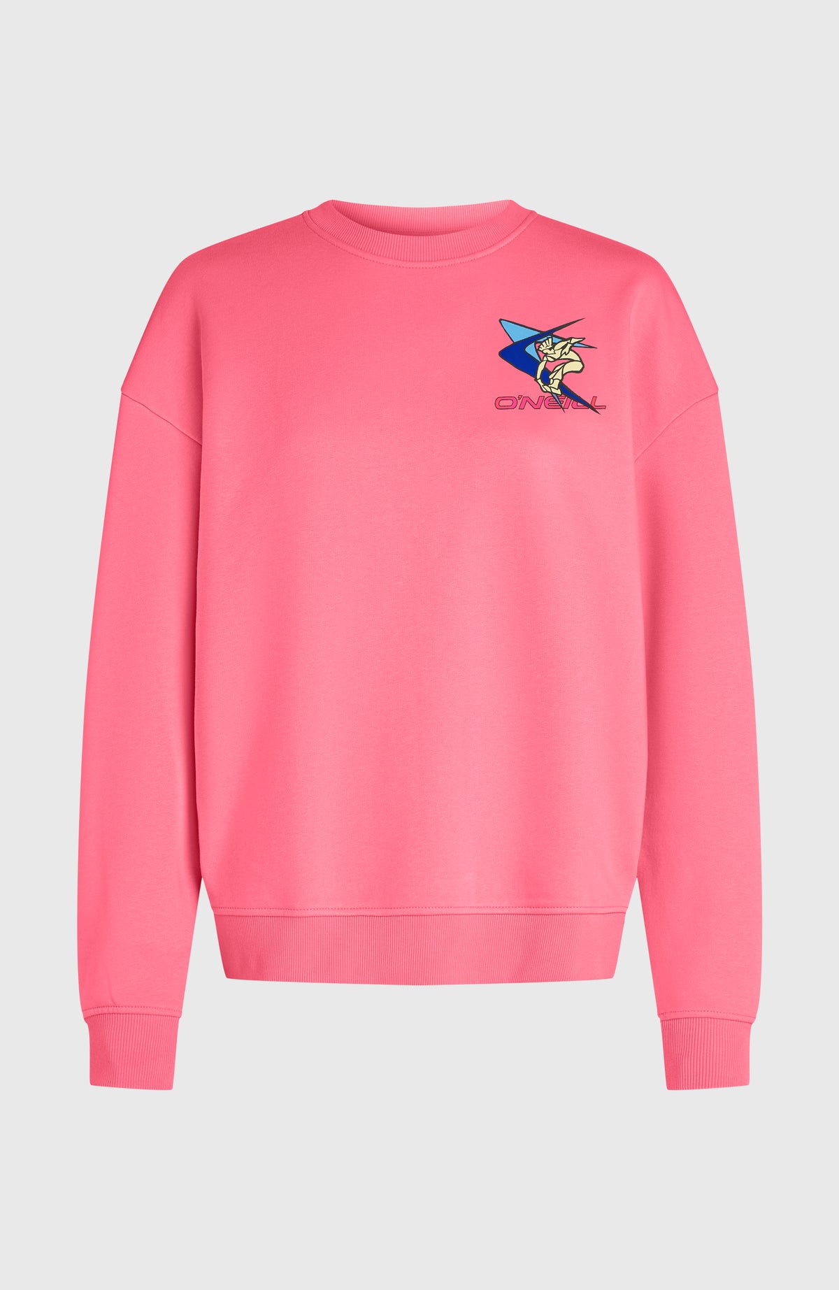 FWC'Play Crew Sweatshirt für Damen, pink mit Logo-Print in Blau und Gelb, freigestellt in der Vorderansicht