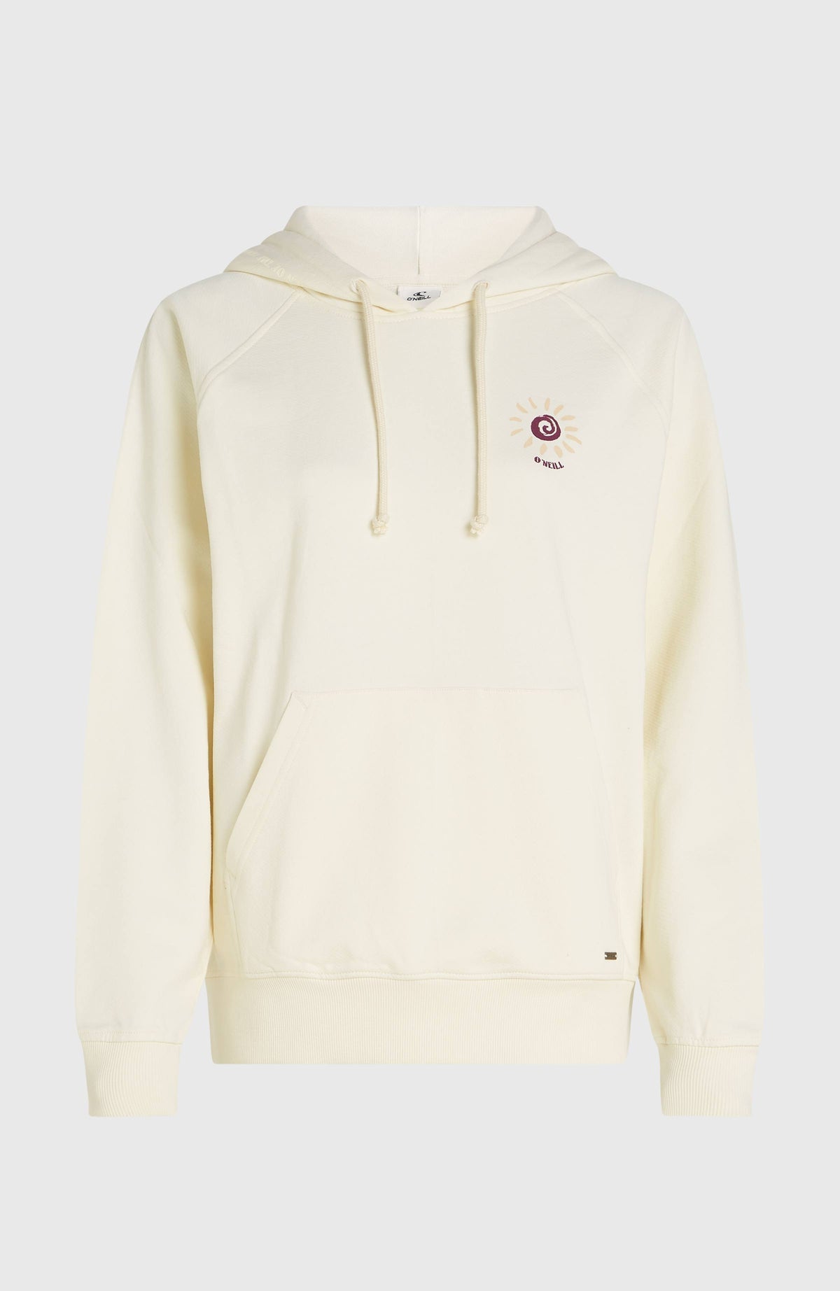 Women of the Wave Hoodie für Damen, beige mit Grafik-Print in Weinrot, freigestellt von vorne