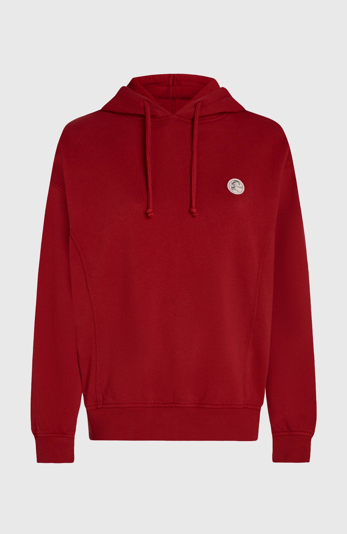 O'Riginals Hoodie für Damen, rot, freigestellt von vorne mit Kapuze, Kordelzug und kleinem Logo-Patch vorne