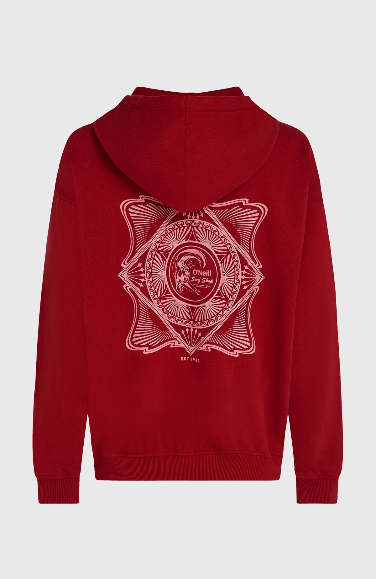 O'Riginals Hoodie für Damen, rot, Produktansicht freigestellt von hinten mit großem symmetrischem Grafik-Print