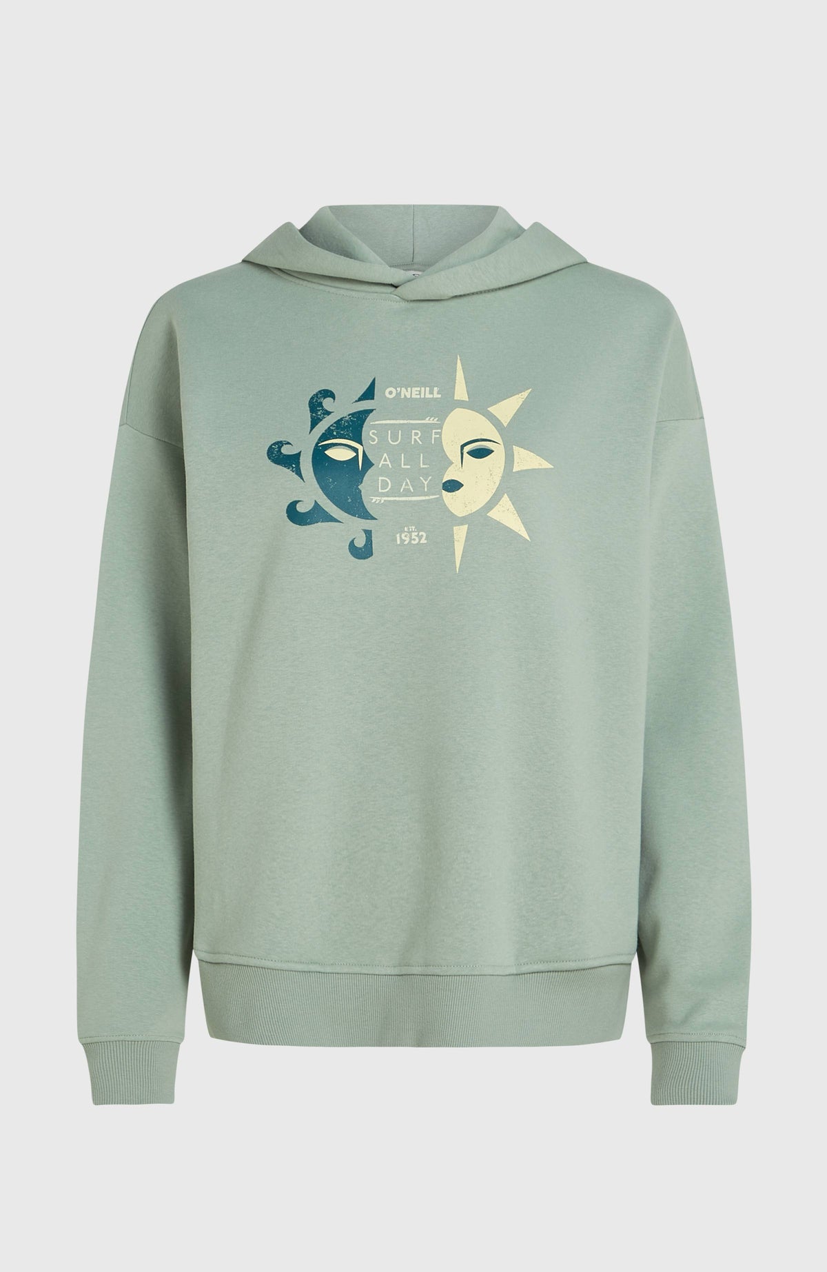 Summer Must-Have Hoodie für Damen, grün mit Grafik-Print in Blau und Gelb, freigestellt von vorne