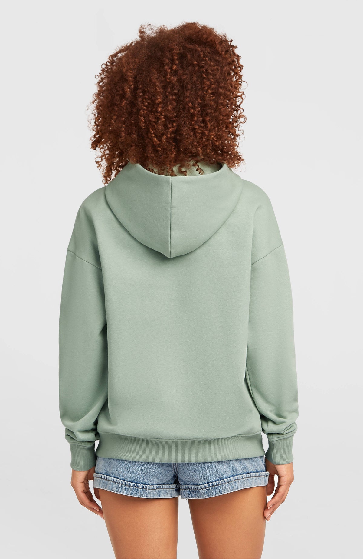 Summer Must-Have Hoodie für Damen, grün mit Grafik-Print in Blau und Gelb, Rückansicht mit Kapuze am Model