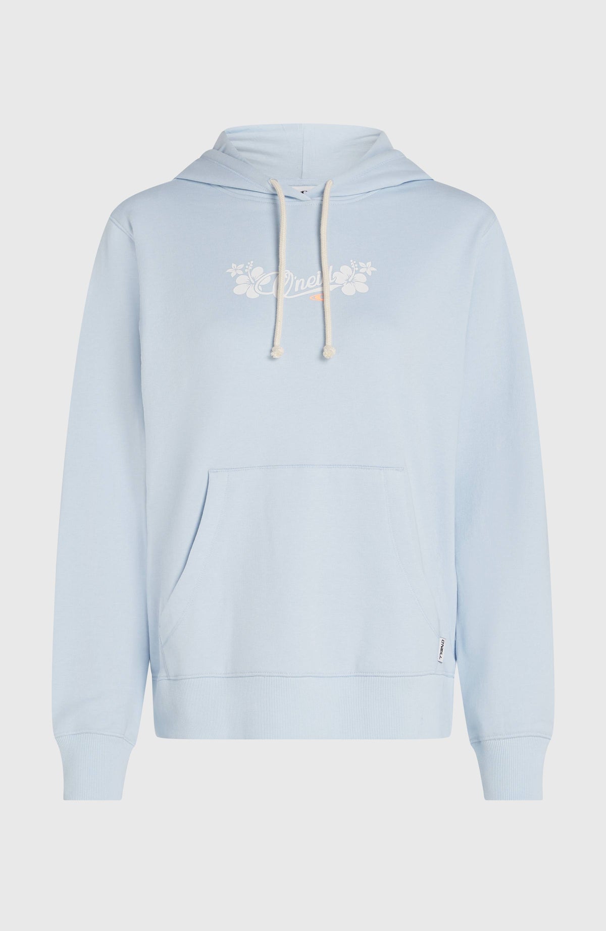 Essentials Script Hoodie für Damen, blau mit Logo-Print in Weiß, freigestellt von vorne mit Kängurutasche