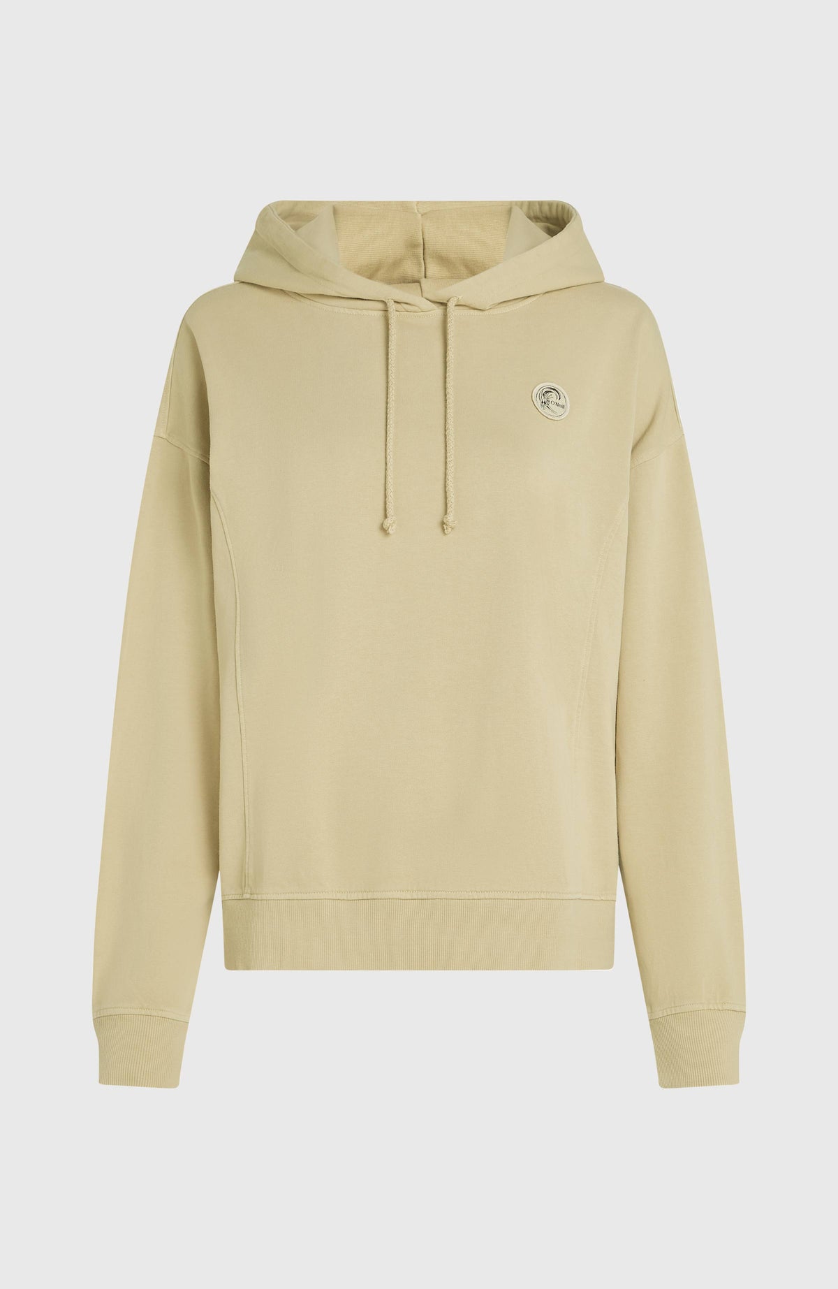 O'Riginals Badge Hoodie für Damen, beige, freigestellt von vorne mit Kordelzug