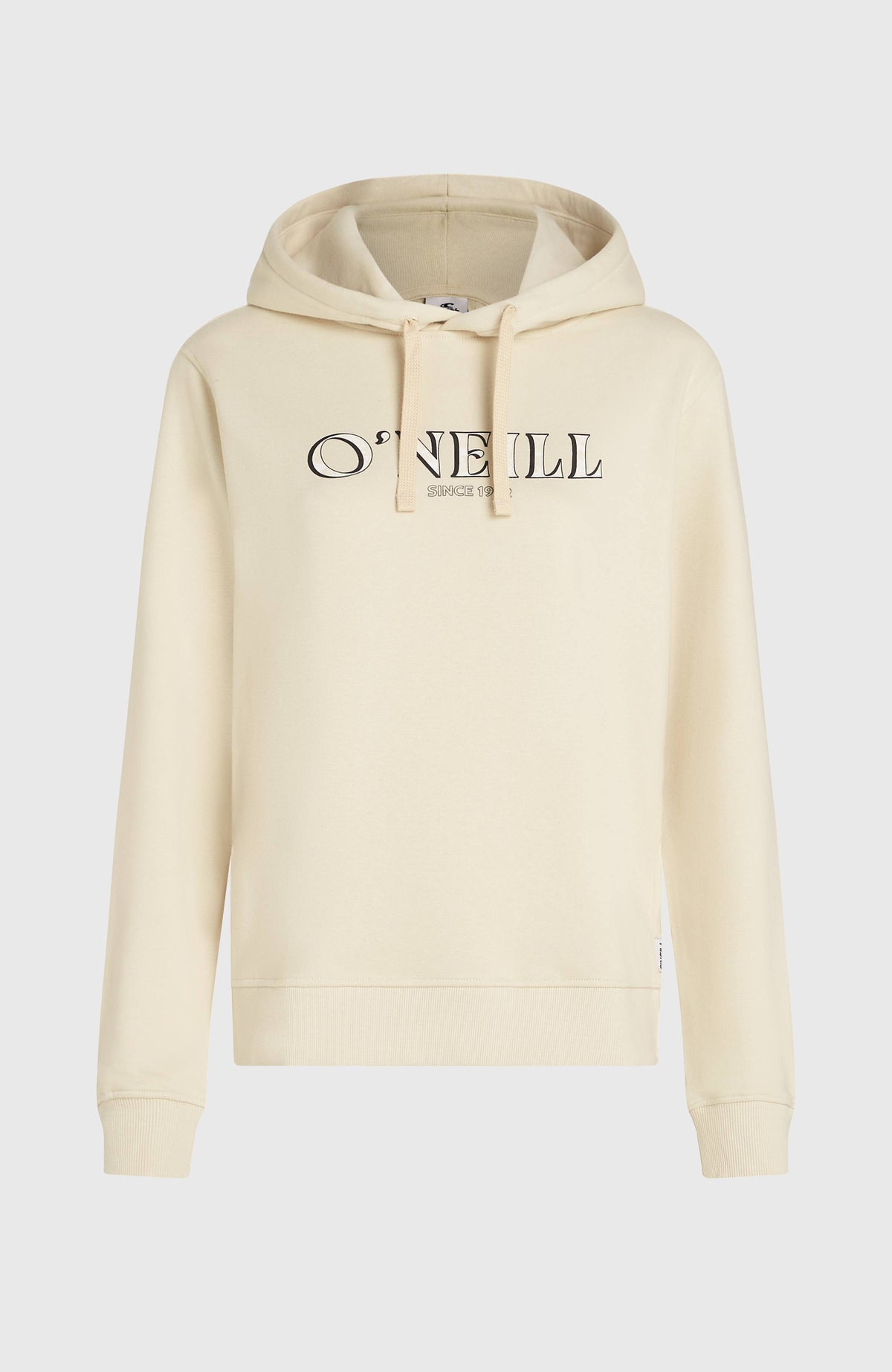 Graphic Hoodie für Damen, weiß mit Logo-Print in Schwarz, freigestellt von vorne mit Kordelzug