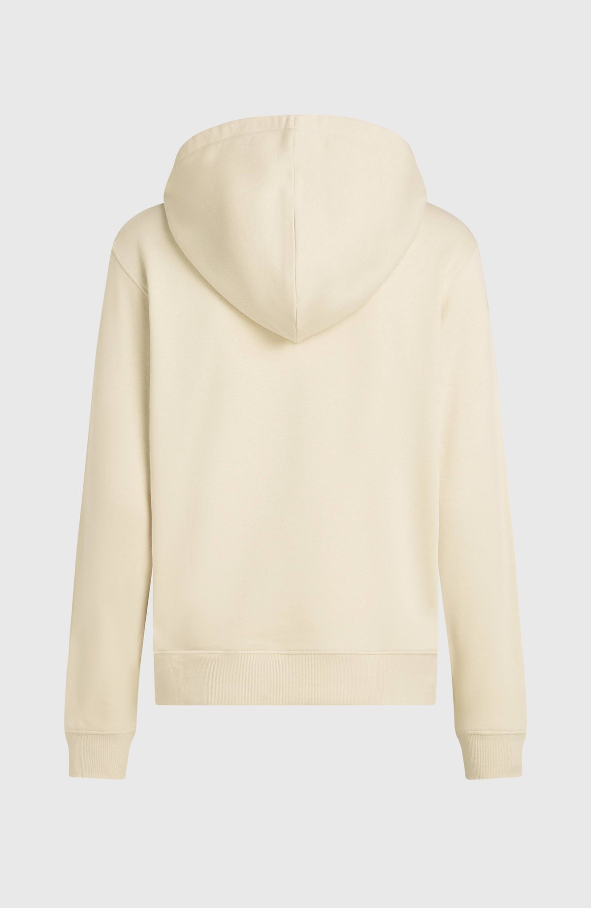 Graphic Hoodie für Damen, weiß, freigestellt von hinten mit Kapuze und geripptem Abschlussbund
