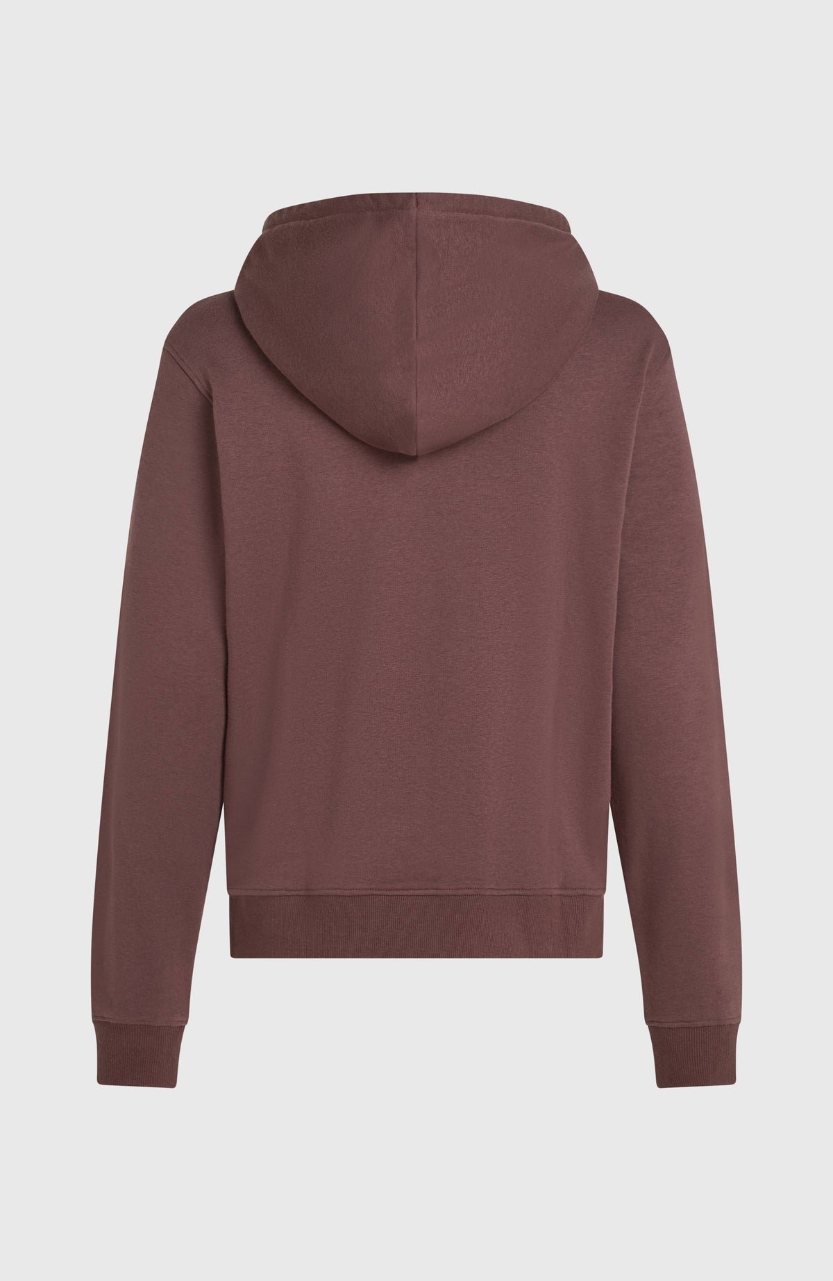 Graphic Hoodie für Damen, lila, freigestellt von hinten mit Kapuze und gerippten Abschlüssen am Saum
