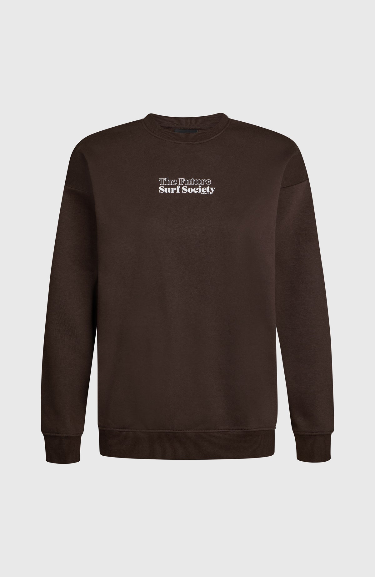 O'Neill THE FUTURE SURF SOCIETY CREW Sweatshirt für Damen, braun mit Logo-Print in Weiß, freigestellt von vorne