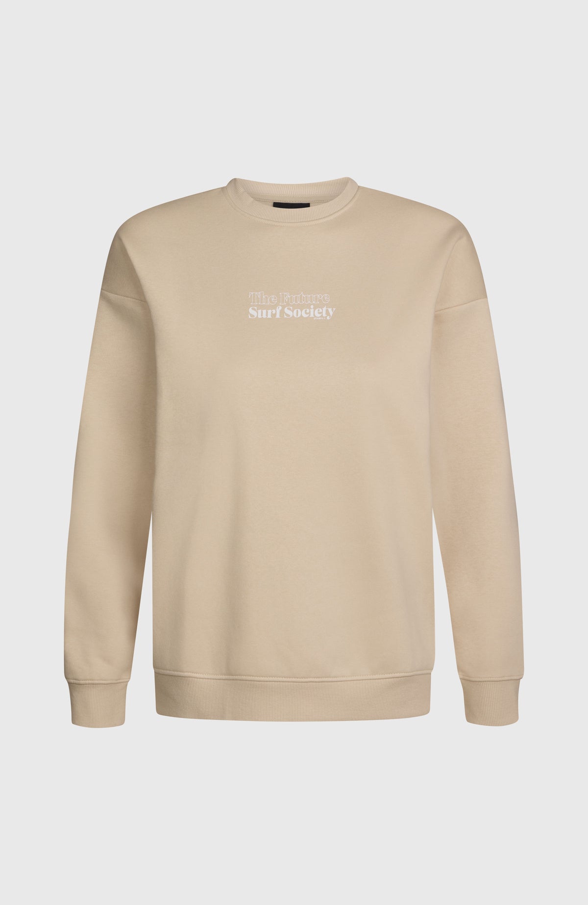 O'Neill THE FUTURE SURF SOCIETY CREW Sweatshirt für Damen, beige mit Schriftzug in Weiß, freigestellt von vorne
