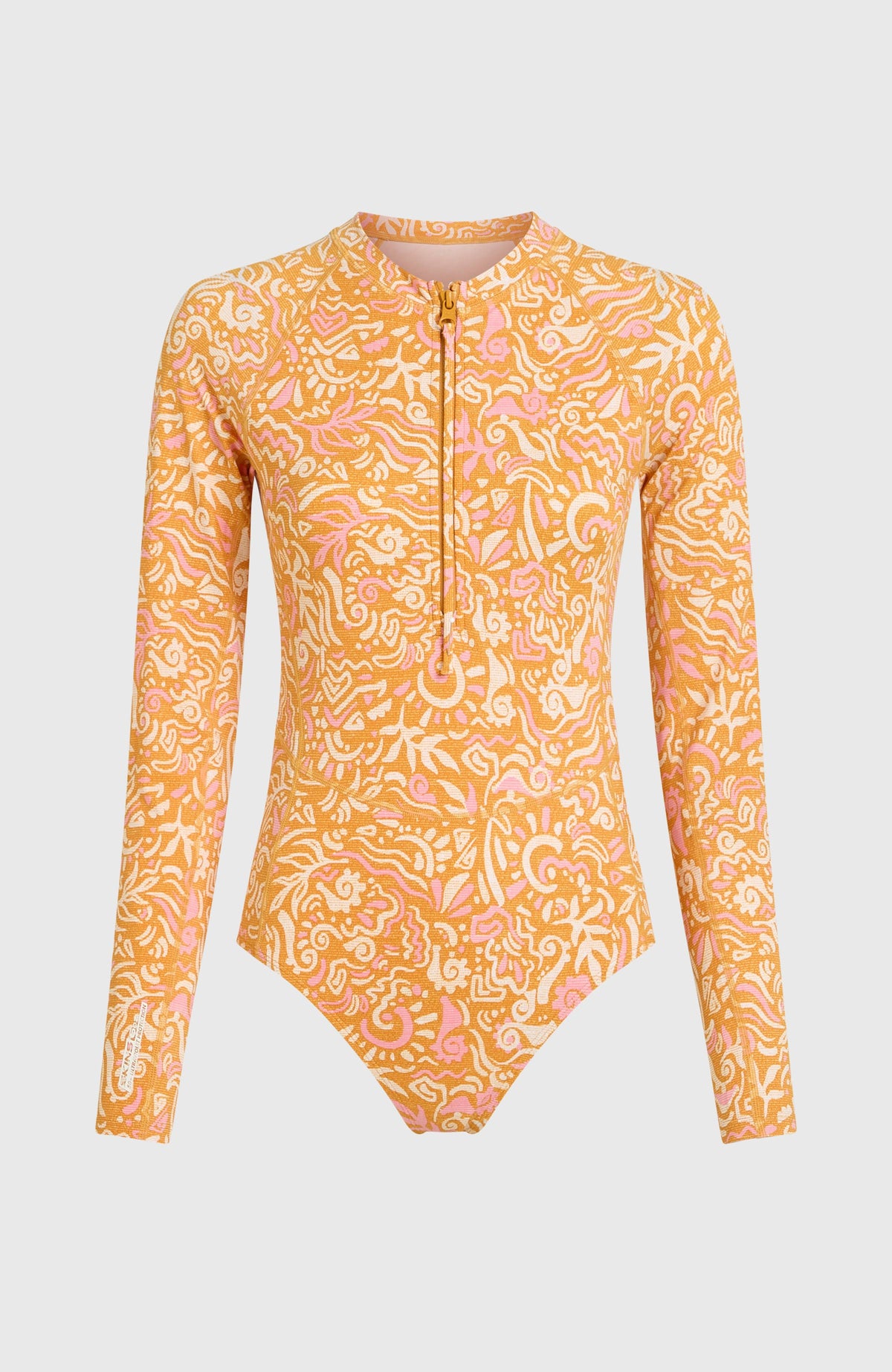 Women of the Wave Longsleeve-Badeanzug für Damen, orange mit Grafikmuster in Rosa und Weiß, freigestellt von vorne