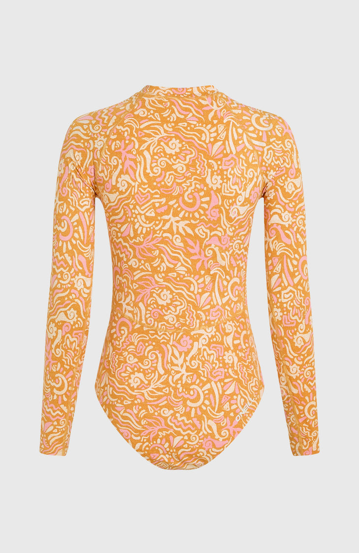 Women of the Wave Longsleeve-Badeanzug | Orange Abstract Wave