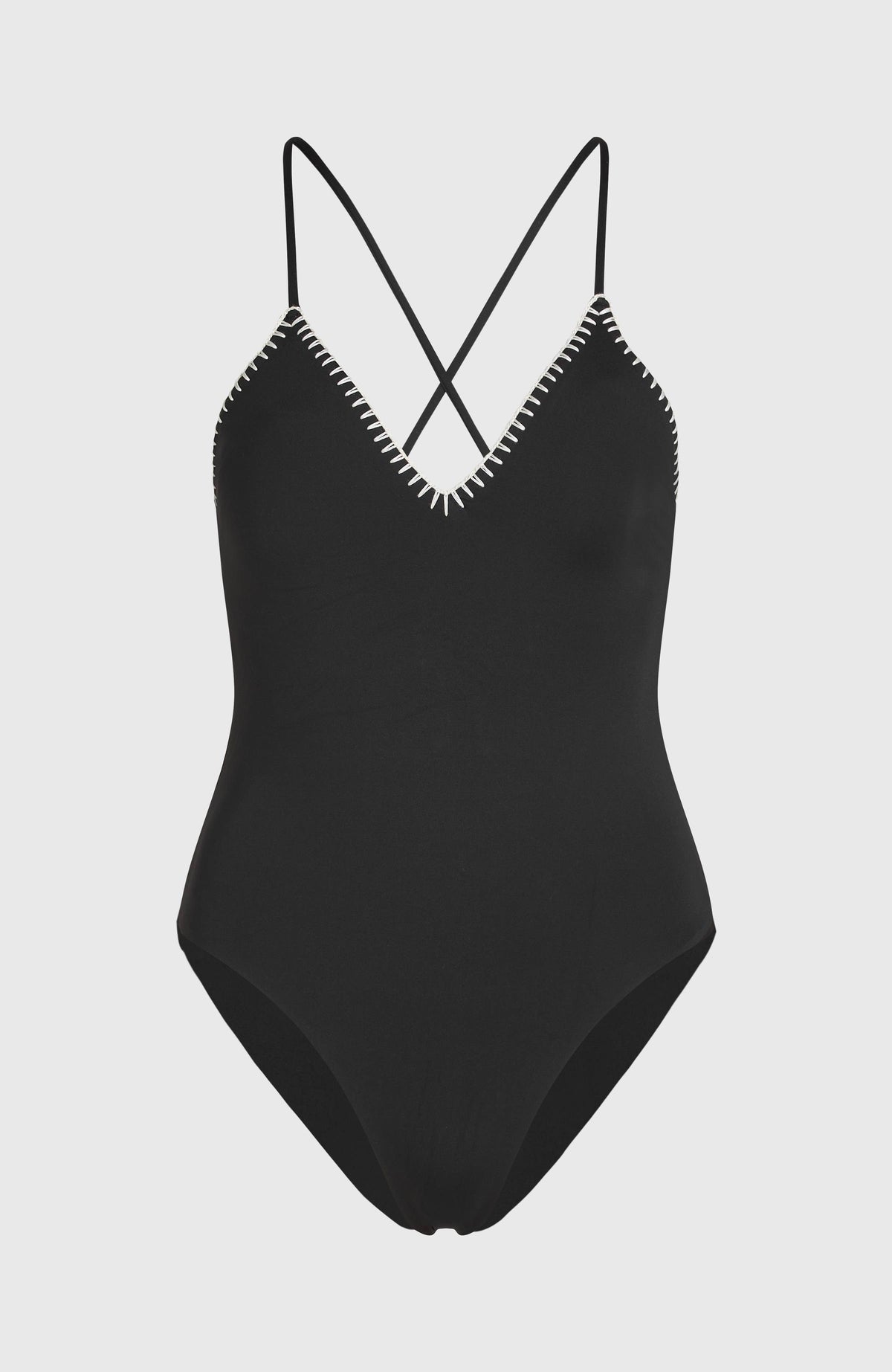 Saltwater Jaida Crochet Badeanzug für Damen, schwarz, freigestellt von vorne mit Häkelkante am Ausschnitt