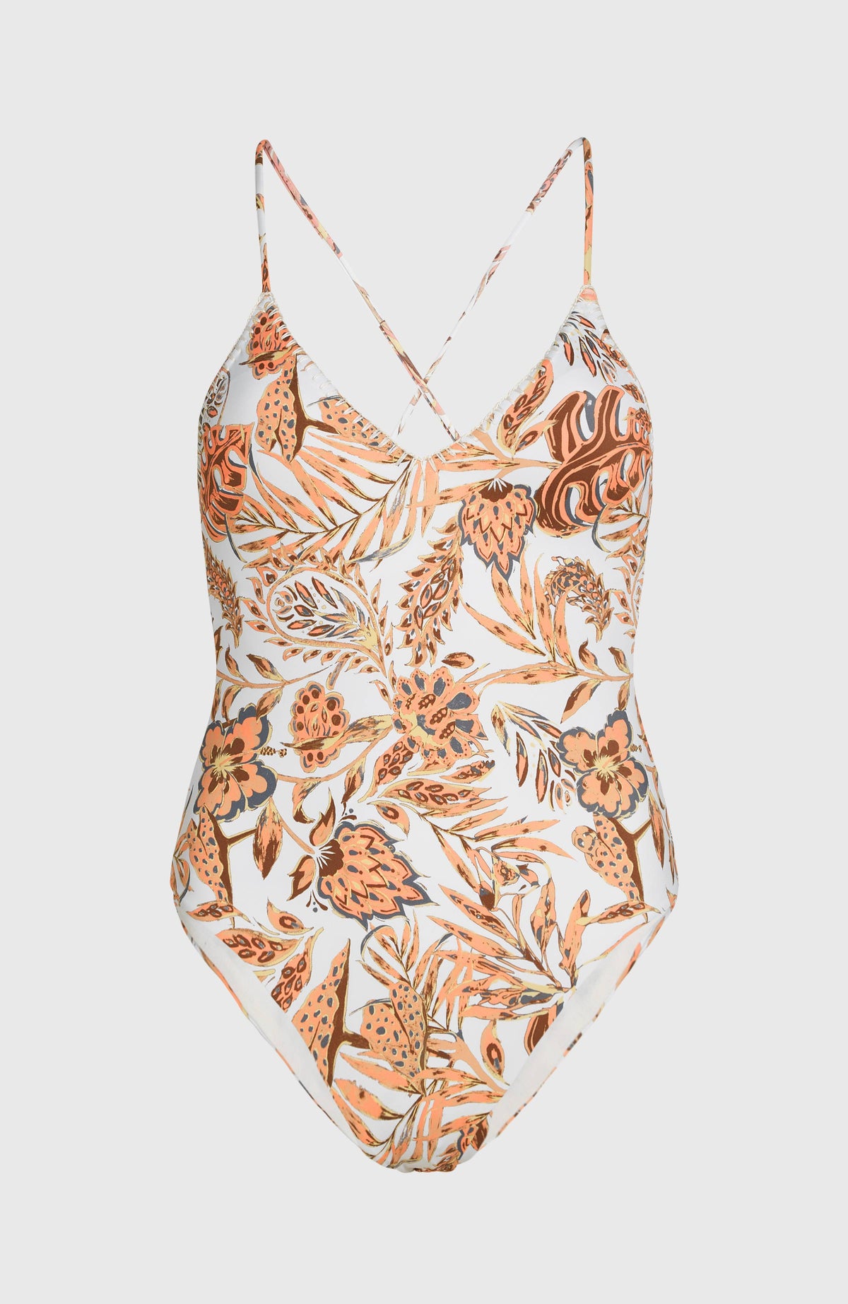 Saltwater Jaida Crochet Badeanzug für Damen, orange mit Pflanzenmuster in Braun, freigestellt von vorne