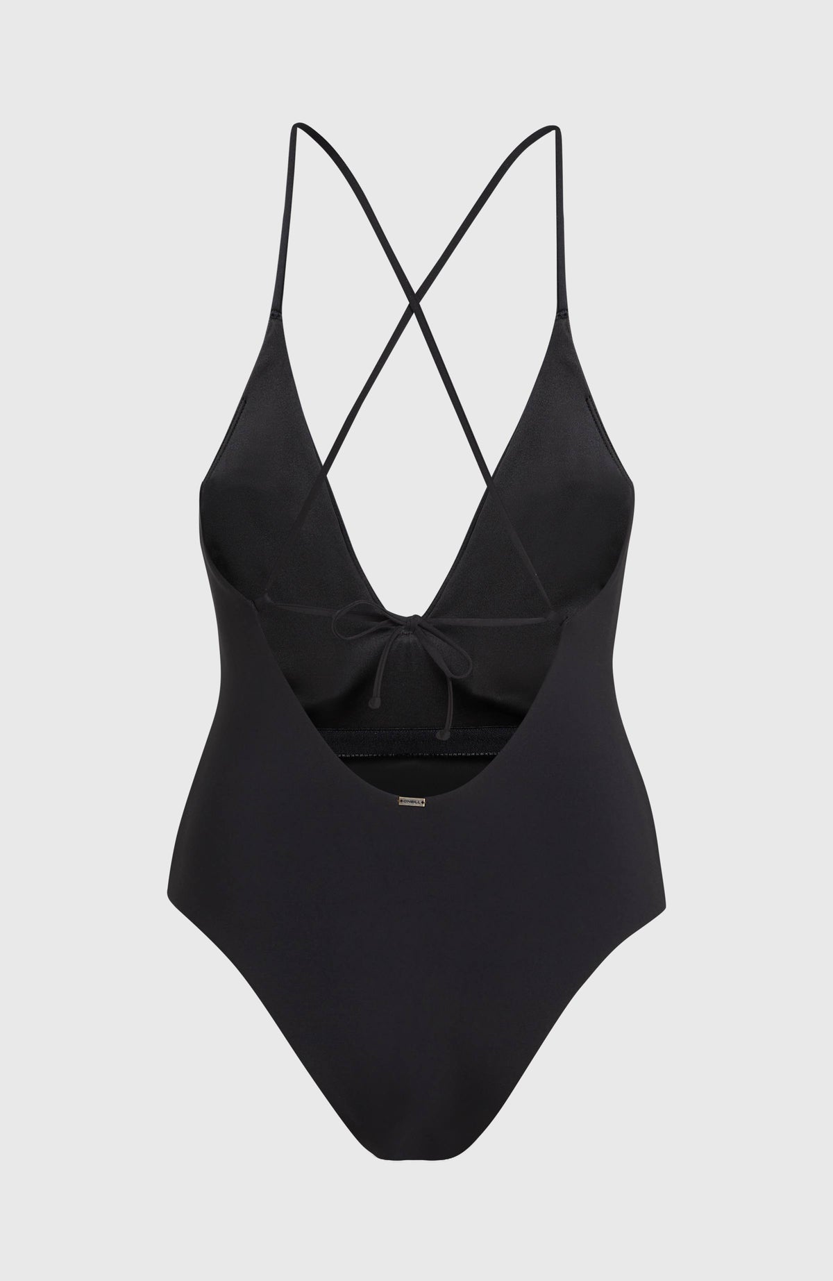 Jaida Badeanzug für Damen, schwarz, freigestellt von hinten mit überkreuzten Trägern und Bindeband