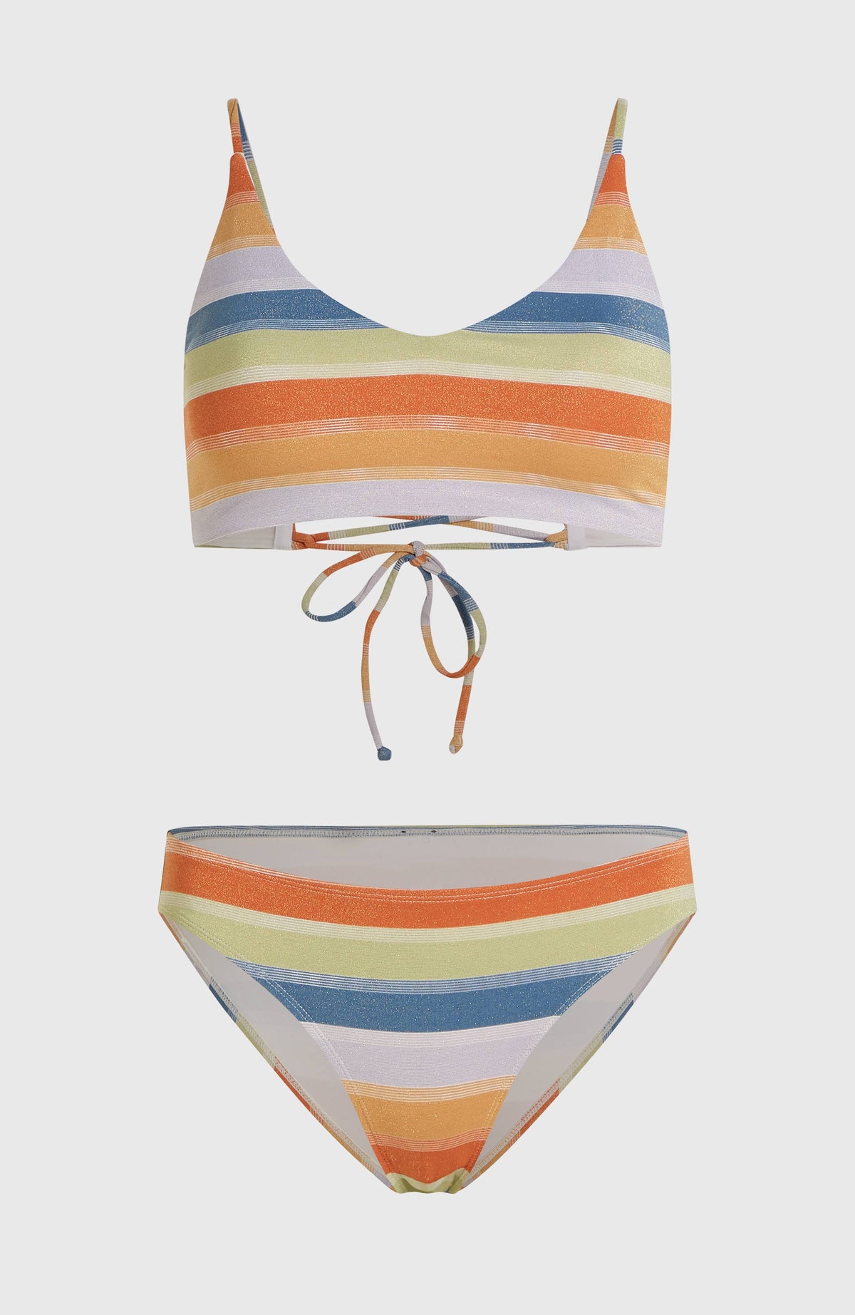 Beach Vintage Midles Rita Bikini-Set für Damen, gelb mit Streifenmuster in Orange und Blau, freigestellt von vorne
