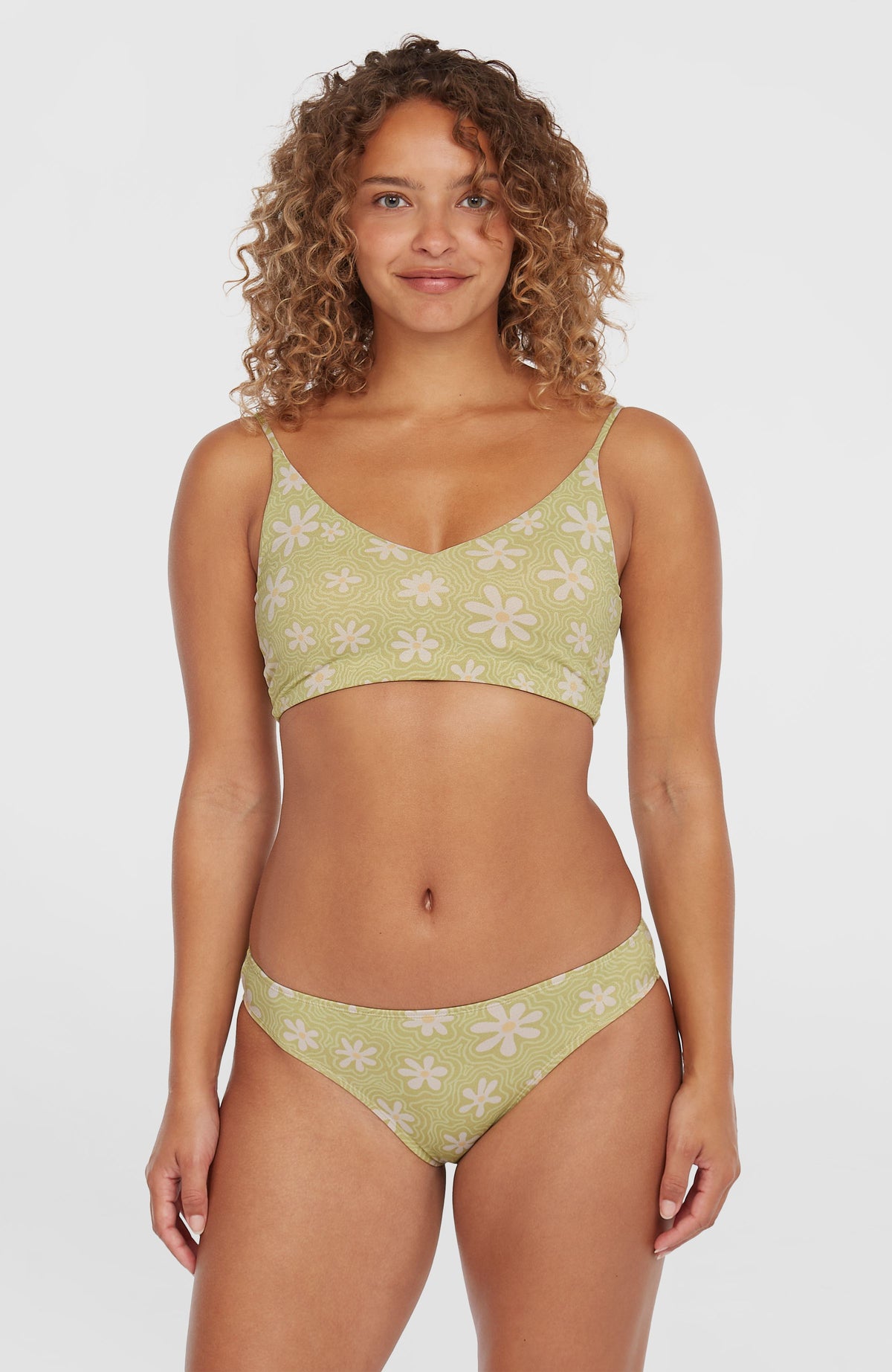 O'Neill Beach Vintage Midles Rita Bikini-Set für Damen, grün mit Blumenmuster in Weiß, Vorderansicht am Model