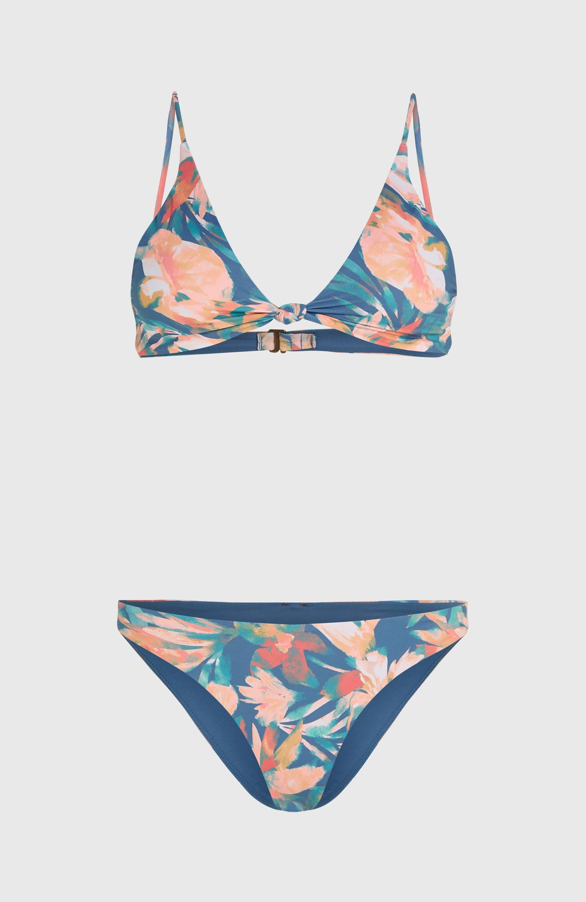 Pismo Flamenco Bikini-Set für Damen, blau mit Tropenmuster in Rosa und Grün, Set freigestellt von vorne