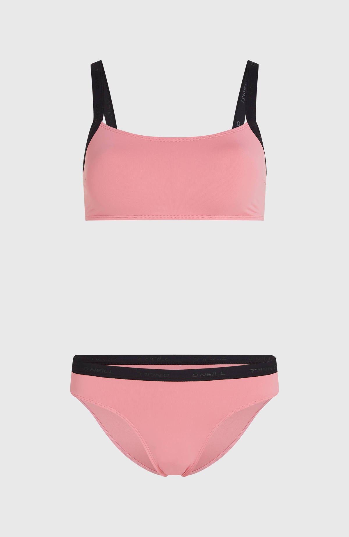Sport Bikini-Set für Damen, pink, freigestellt von vorne, Bralette-Oberteil und passende Hose mit schwarzem Bund