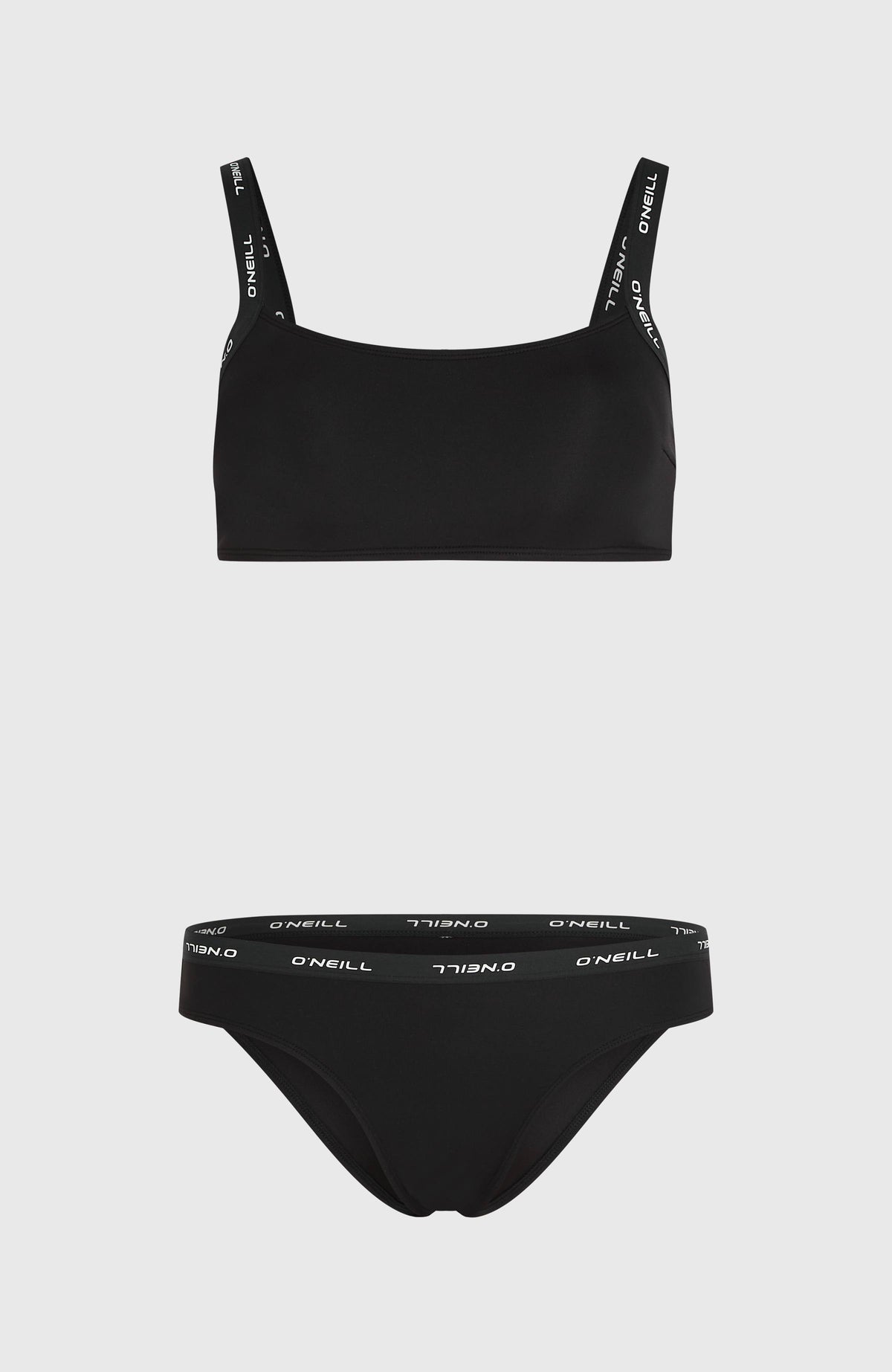 Sport Bikini-Set für Damen, schwarz, freigestellt von vorne, Bikinioberteil und Bikinihose mit Logo-Bändern
