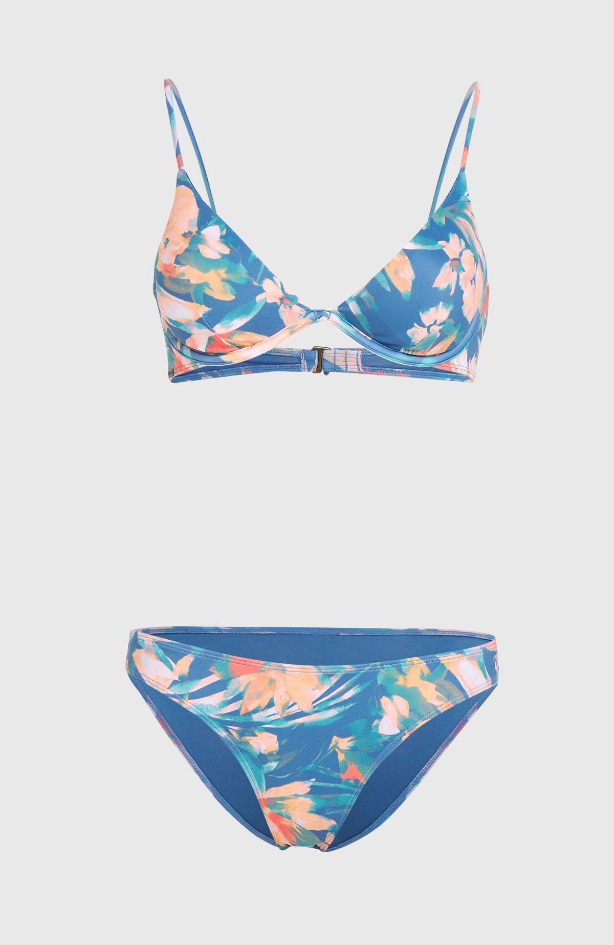 Honopu Rockley Bikini-Set für Damen, blau mit Blumenmuster in Rosa und Orange, Set flach liegend von vorne