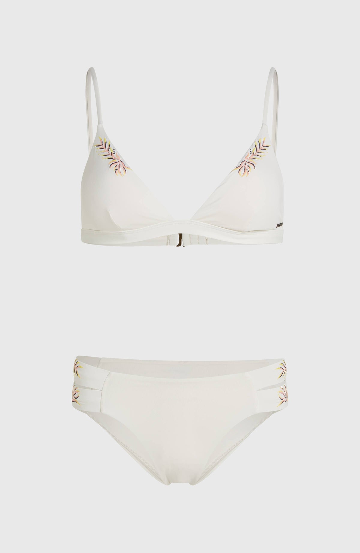 Weißes Seaside Boulder Bikini-Set für Damen, flach liegend von vorne mit Triangel-Oberteil und Bikinihose