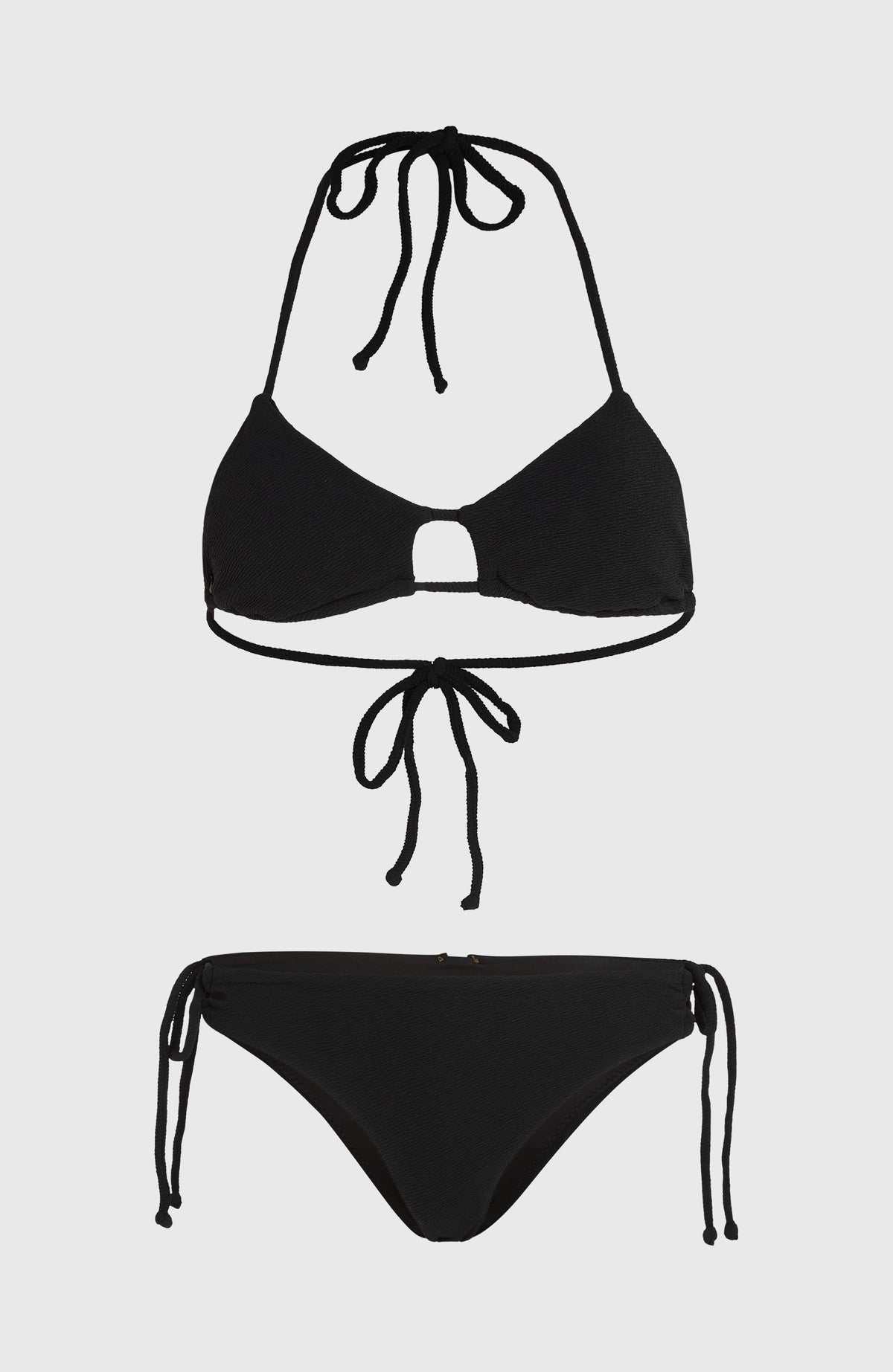Schwarzes Madrid Jensen Bikini-Set für Damen, flach liegend von vorne, Bikinioberteil und Bikinihose