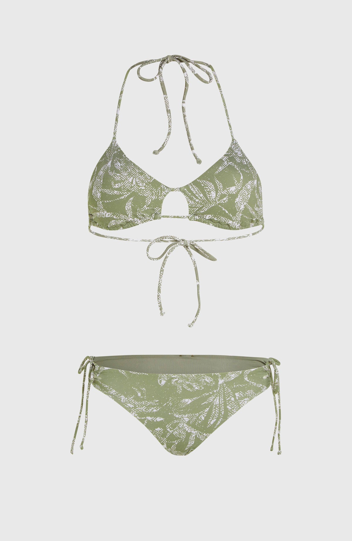 Madrid Jensen Bikini-Set für Damen, grün mit Pflanzenmuster in Weiß, Oberteil und Hose flach liegend von vorne
