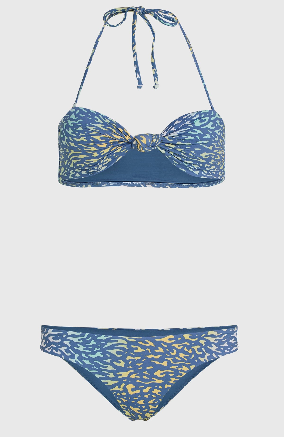 Knot Bandeau Matira Bikini-Set für Damen, gelb mit Tiermuster in Blau, zweiteilig flach liegend von vorne
