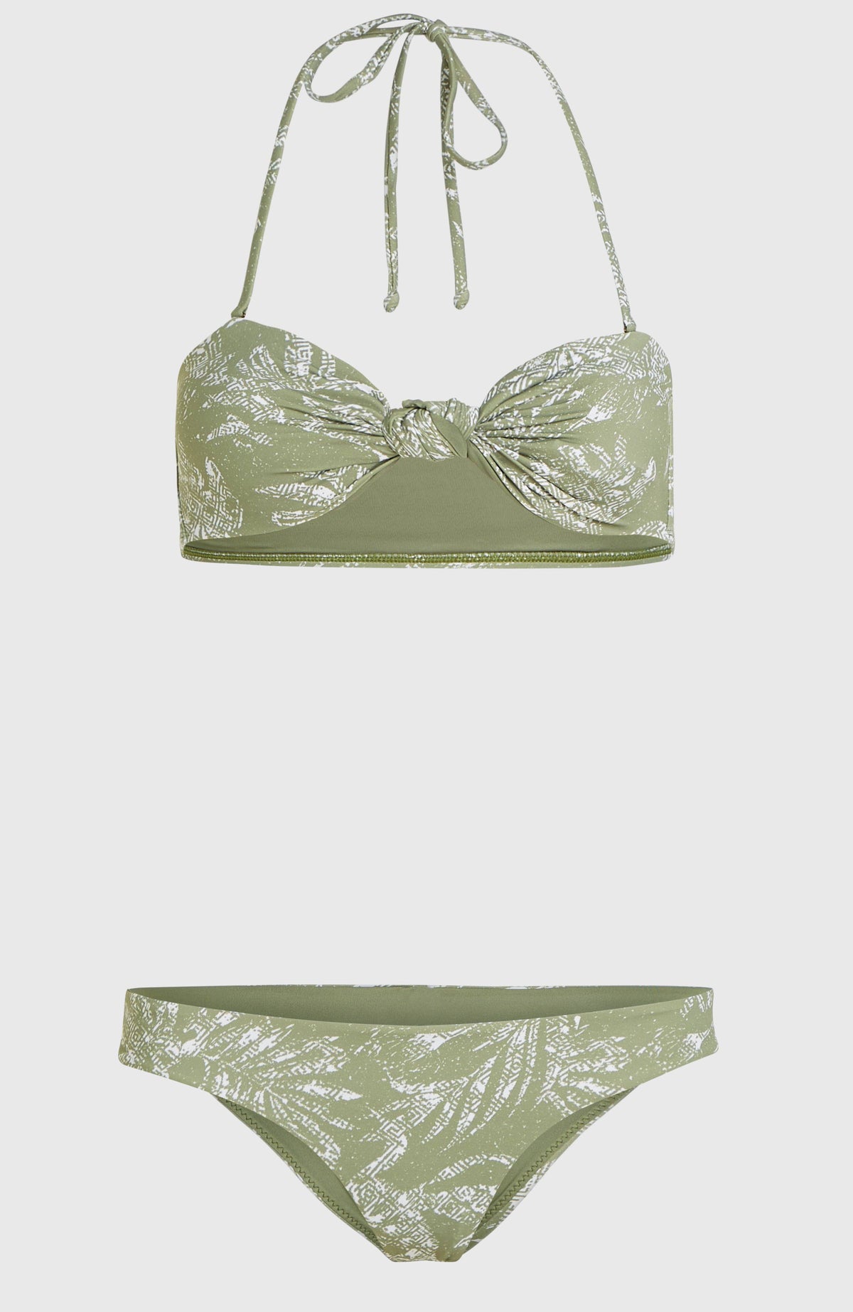 Knot Bandeau Matira Bikini-Set für Damen, grün mit Blattmuster in Weiß, flach liegend von vorne