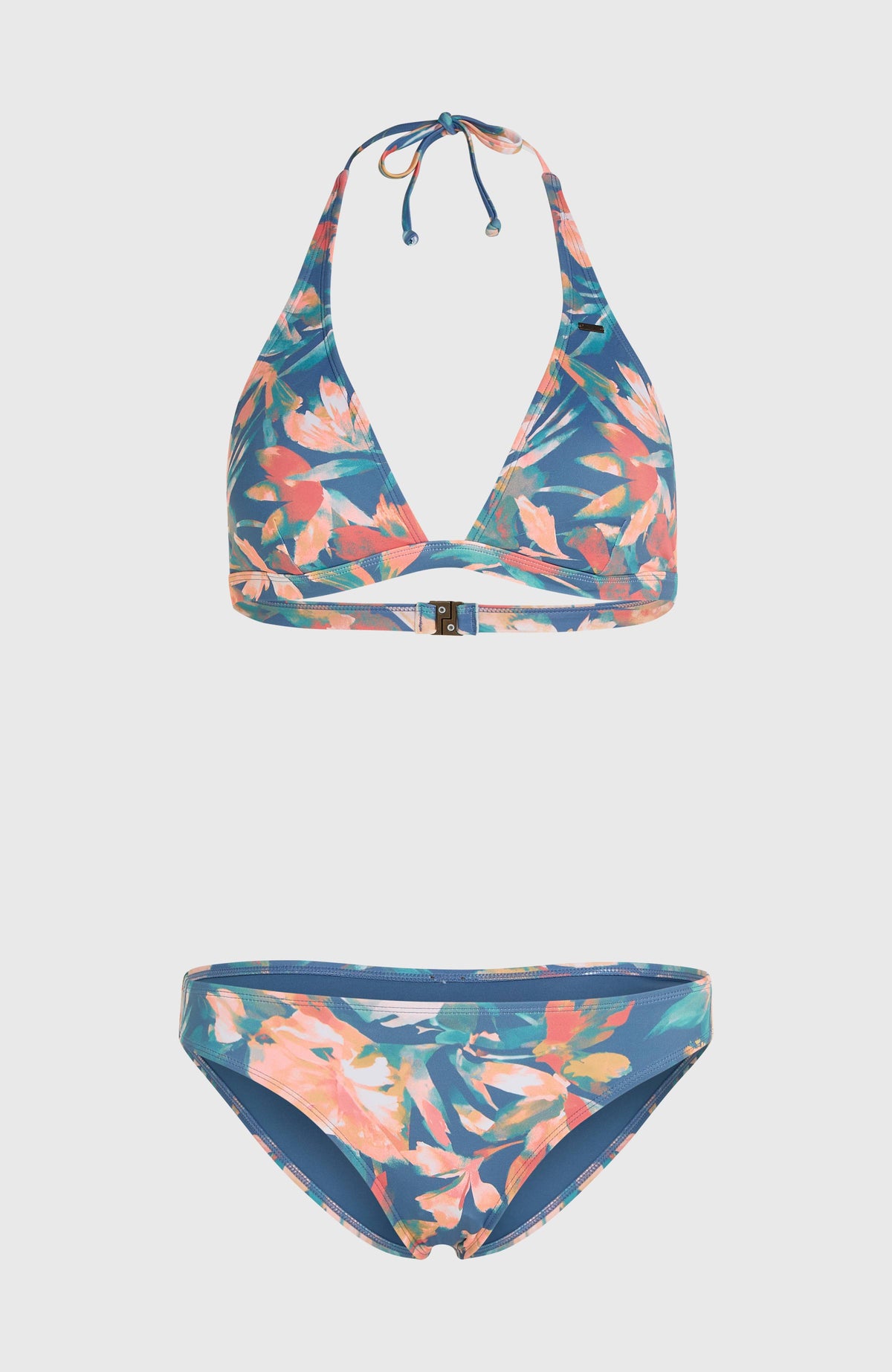 Essentials Marga Cruz Bikini-Set für Damen, blau mit Blumenmuster in Rosa und Grün, flach liegend von vorne
