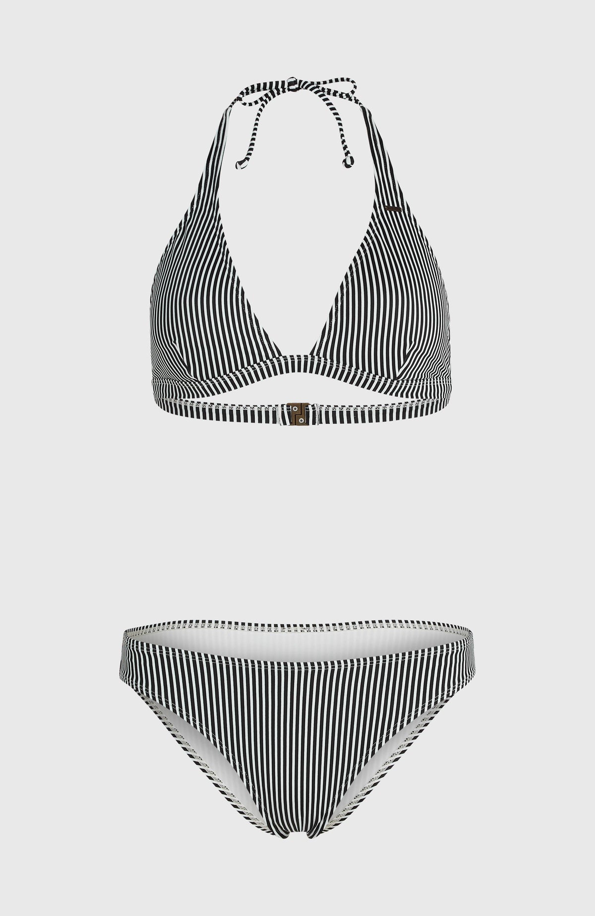 Essentials Marga Cruz Bikini-Set für Damen, schwarz mit Streifenmuster in Weiß, flach liegend von vorne