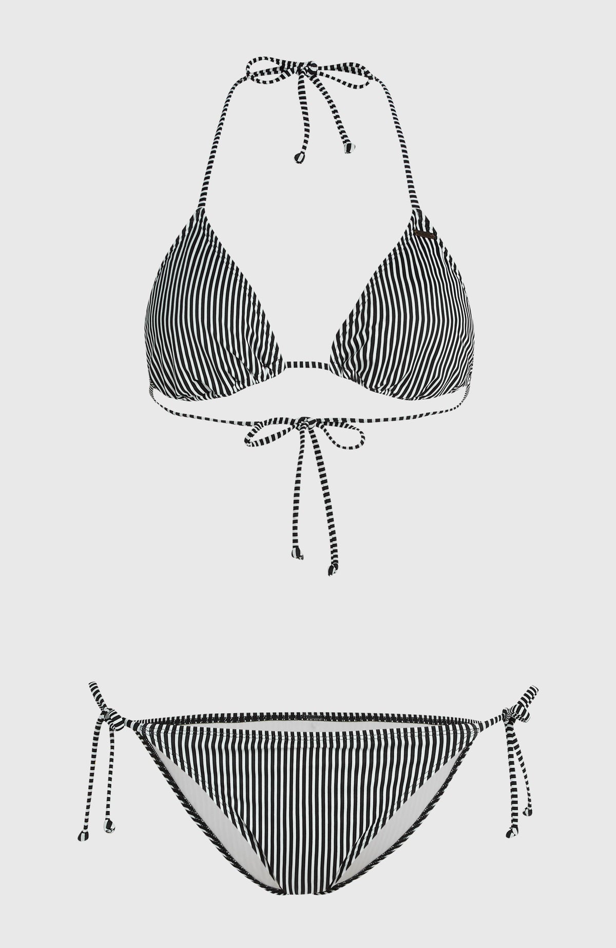 Essentials Capri Bondey Bikini-Set für Damen, schwarz mit Streifenmuster in Weiß, flach liegend von vorne