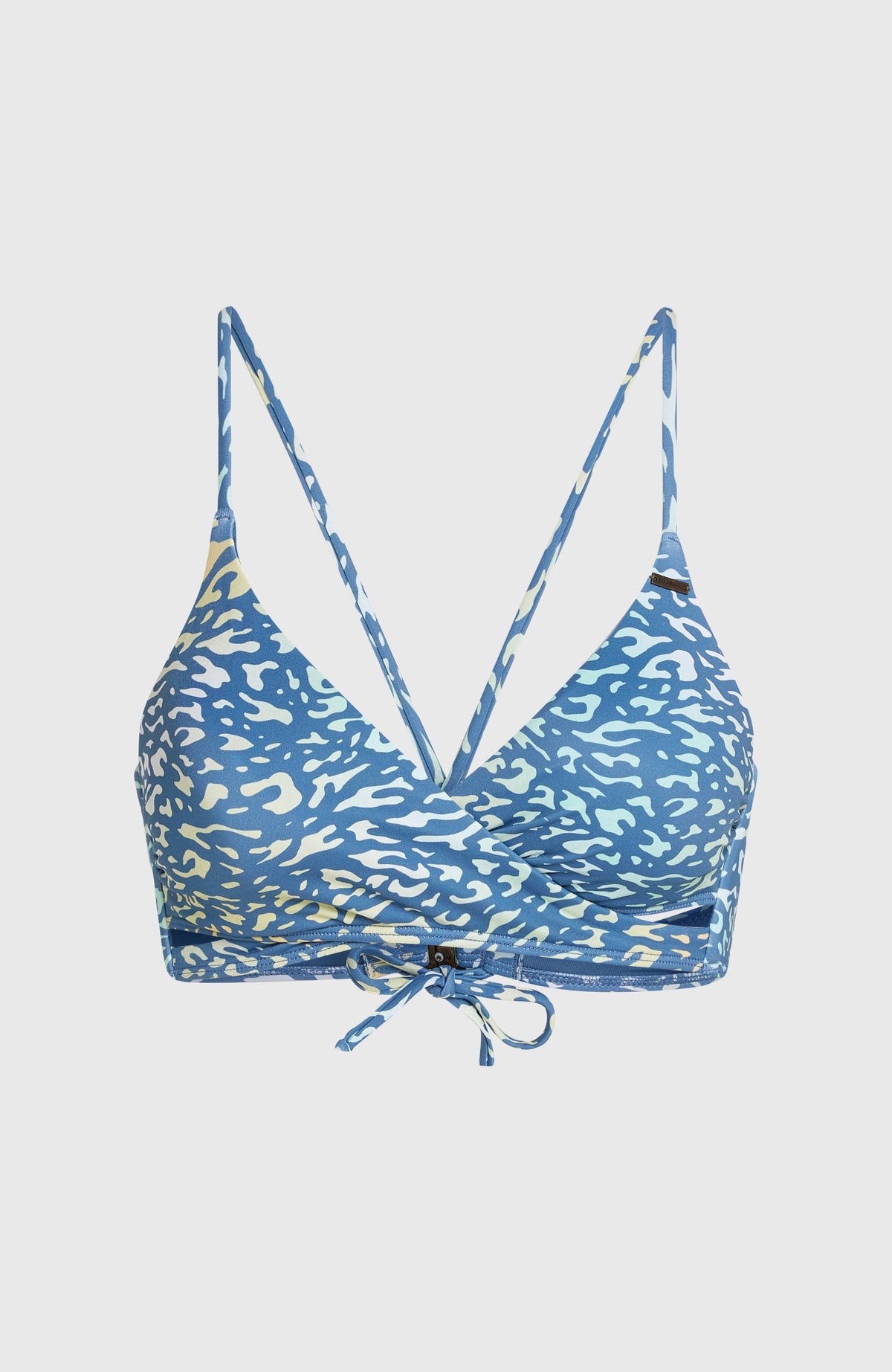 Gelbes Baay Bikini-Oberteil mit Tiermuster in Blau, freigestellt von vorne, Bindebänder am Bund