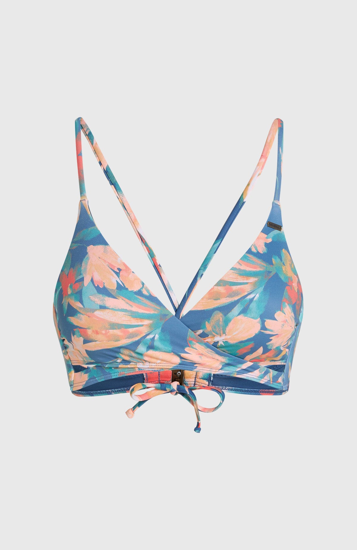 Baay Bikini-Oberteil für Damen, blau mit Blumenmuster in Orange und Grün, freigestellt von vorne mit Bindebändern