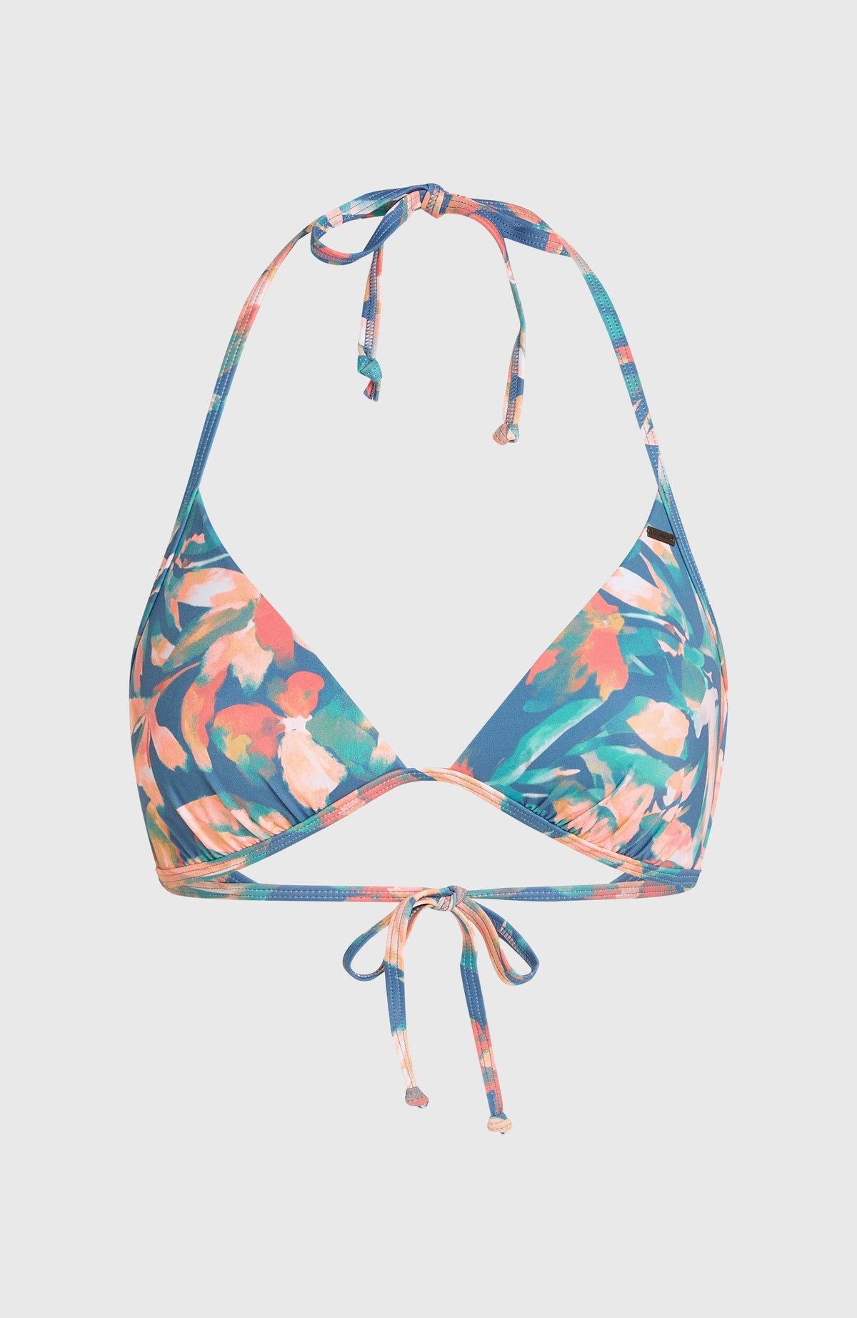 Sao Bikini-Oberteil für Damen, blau mit Blumenmuster in Orange und Grün, freigestellt von vorne mit Bindebändern
