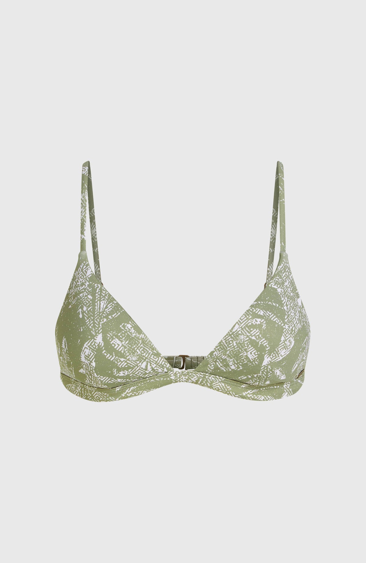 Grünes Seaside Tri Bikini-Oberteil mit Dschungelmuster in Weiß, freigestellt von vorne mit schmalen Trägern