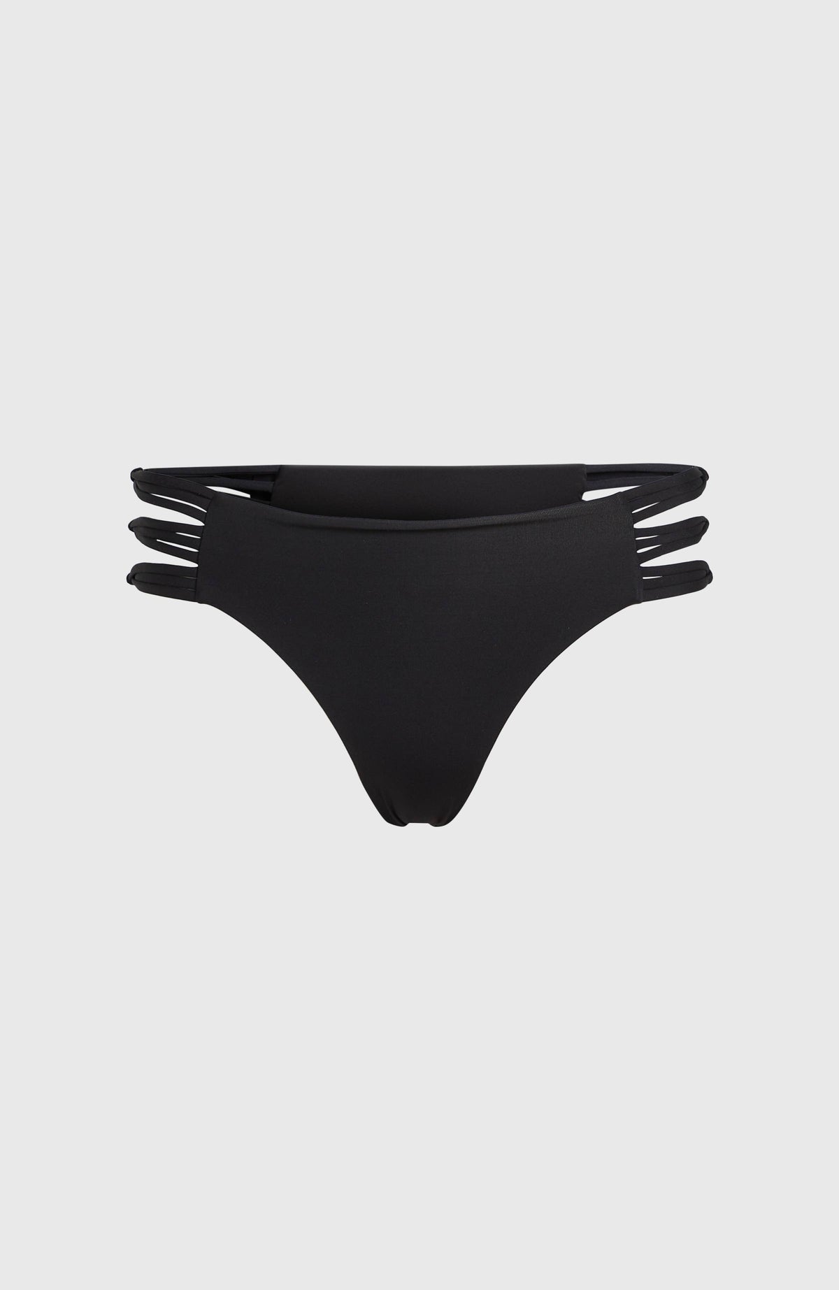 Boulders Bikinihose für Damen, schwarz, flach liegend von vorne, seitliche Bänder